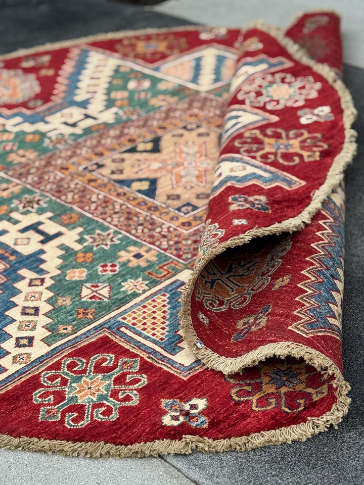 6x6 Round Handmade Afghan Wool Rug | Tribal Star Medallion | Red And Green Area Rug