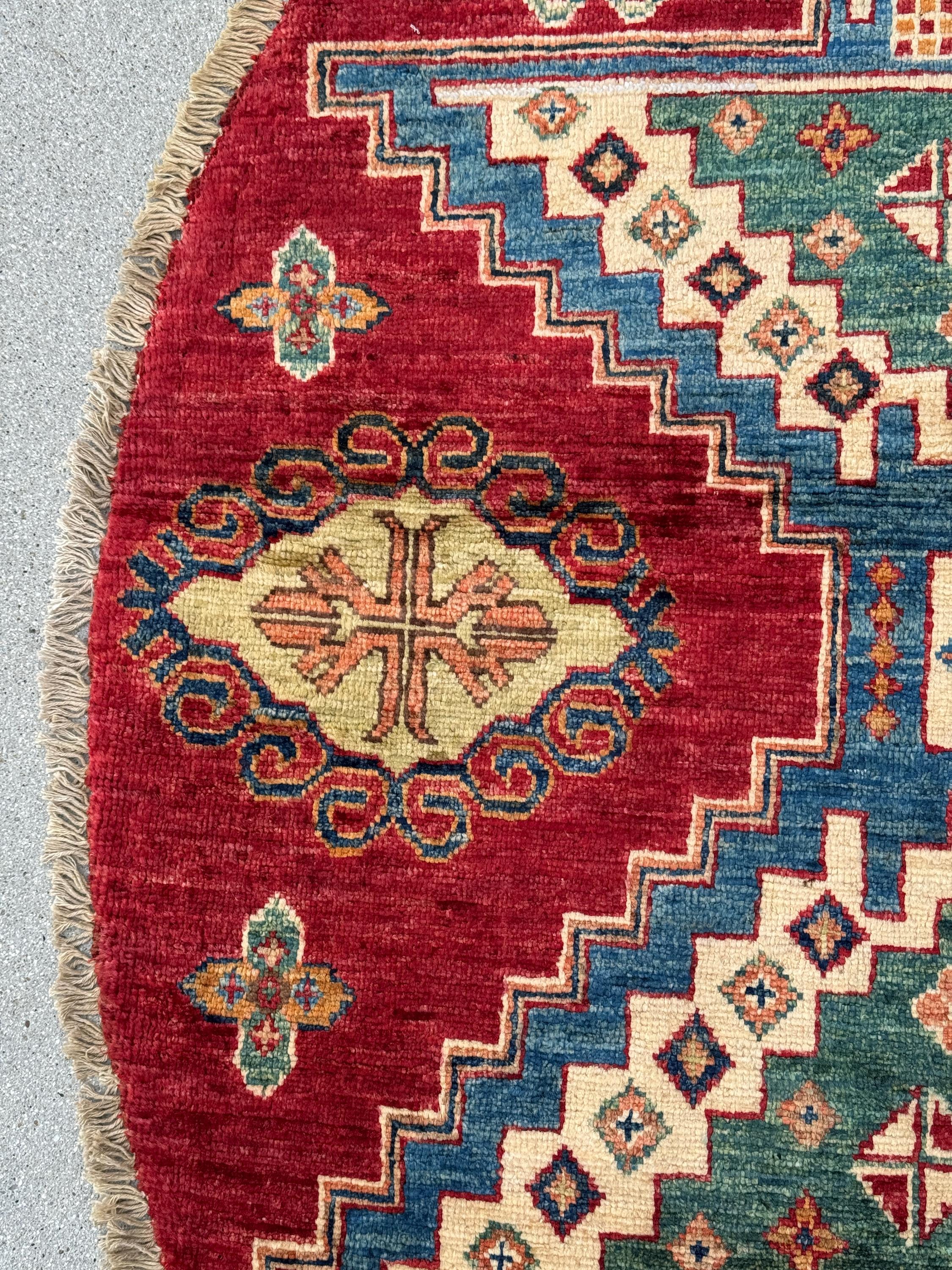 6x6 Round Handmade Afghan Wool Rug | Tribal Star Medallion | Red And Green Area Rug