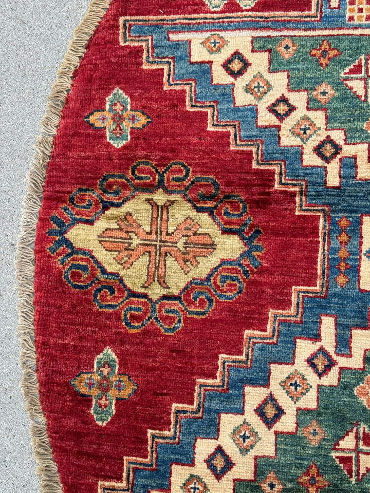 6x6 Round Handmade Afghan Wool Rug | Tribal Star Medallion | Red And Green Area Rug