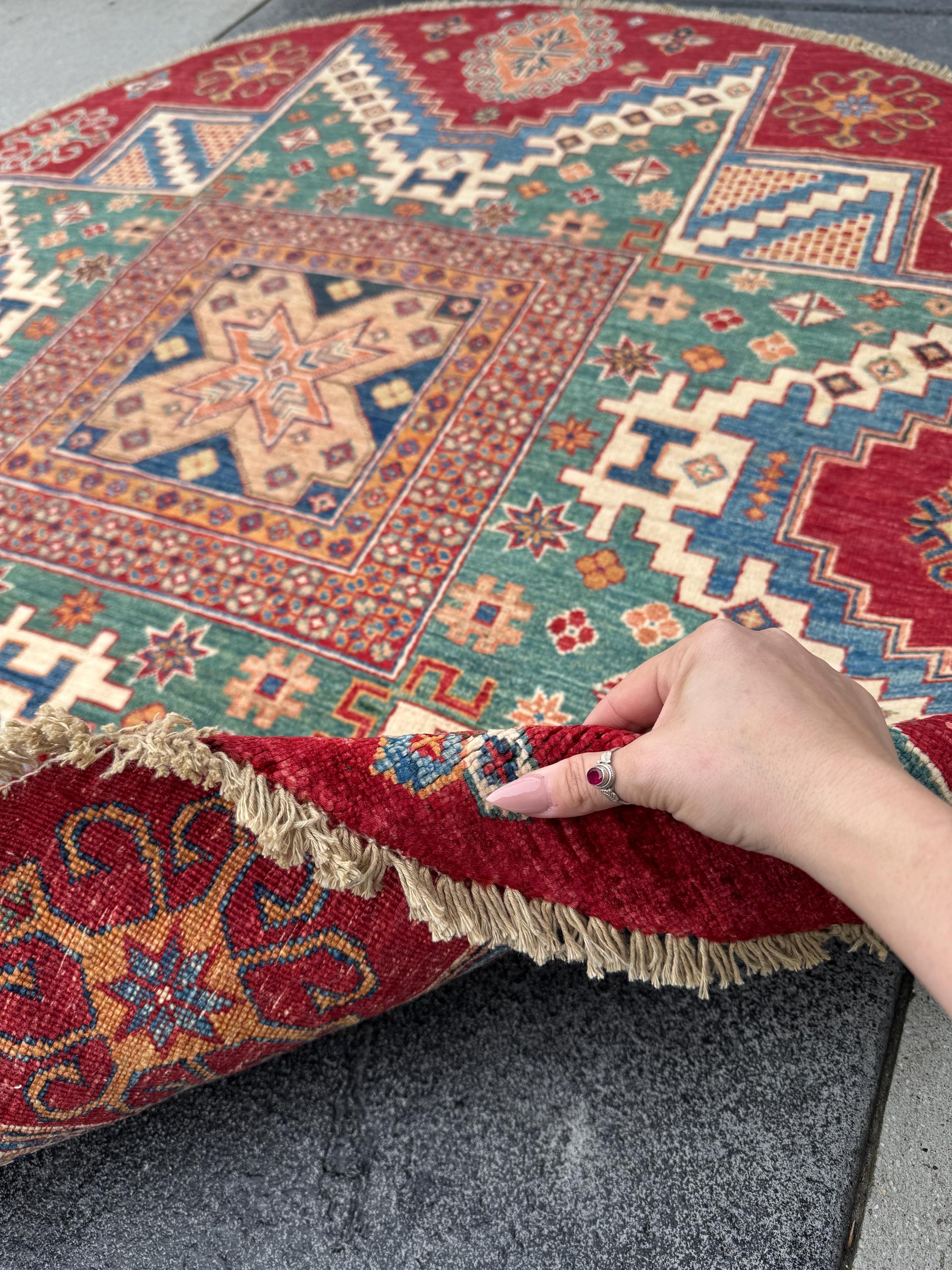 6x6 Round Handmade Afghan Wool Rug | Tribal Star Medallion | Red And Green Area Rug