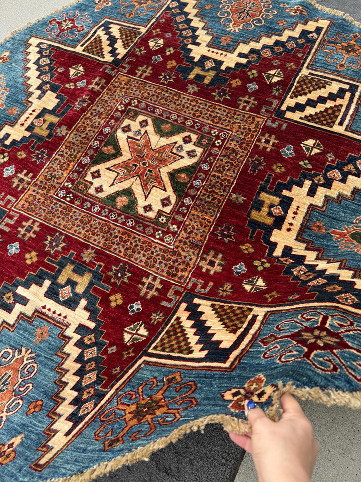 6x6 Round Handmade Round Afghan Wool Rug | Tribal Star Medallion | Red And Blue Area Rug