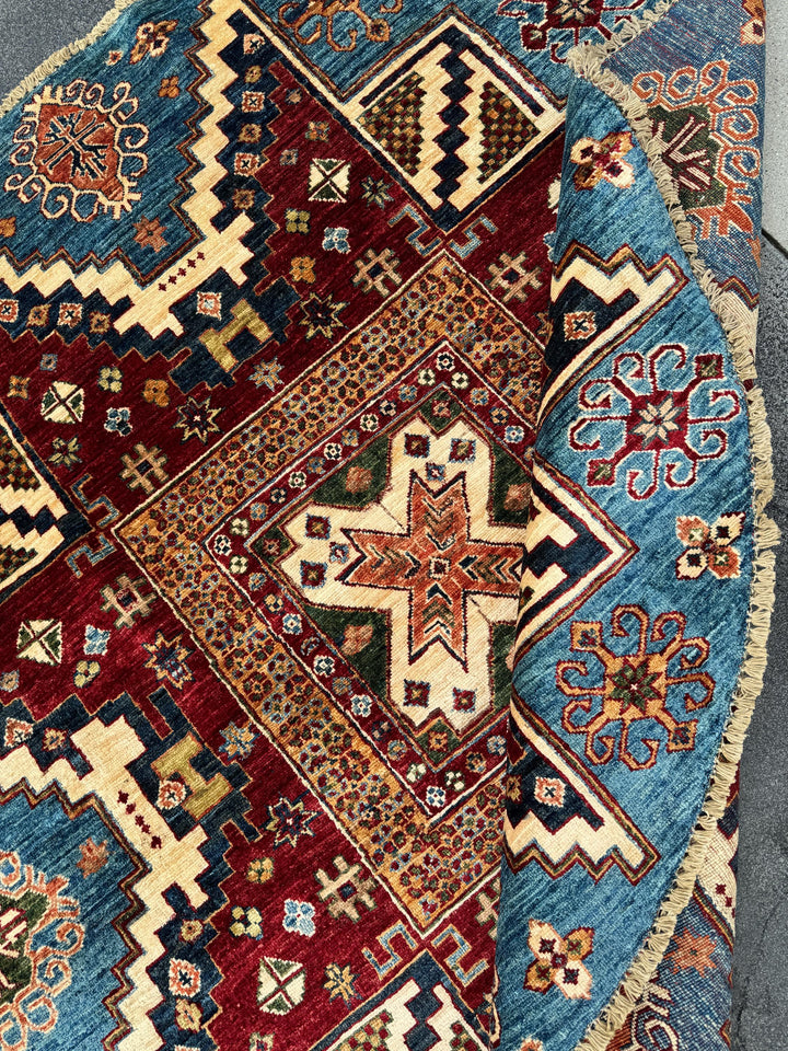 6x6 Round Handmade Round Afghan Wool Rug | Tribal Star Medallion | Red And Blue Area Rug