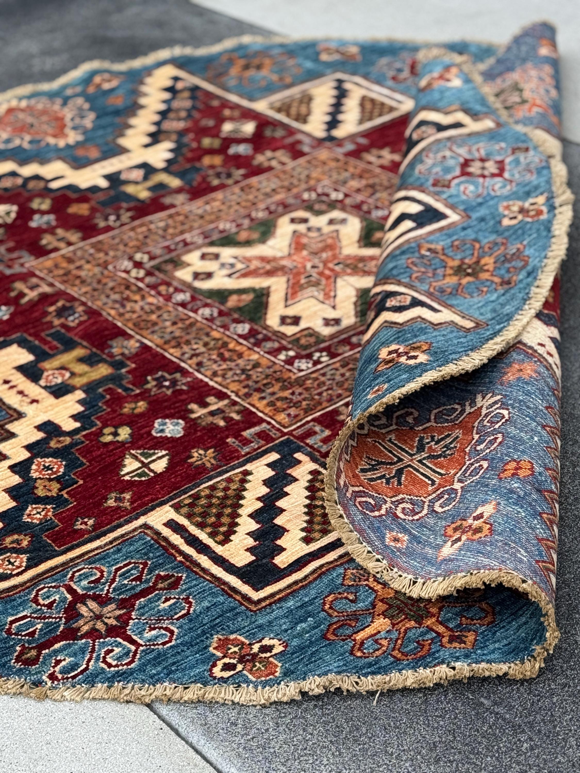 6x6 Round Handmade Round Afghan Wool Rug | Tribal Star Medallion | Red And Blue Area Rug