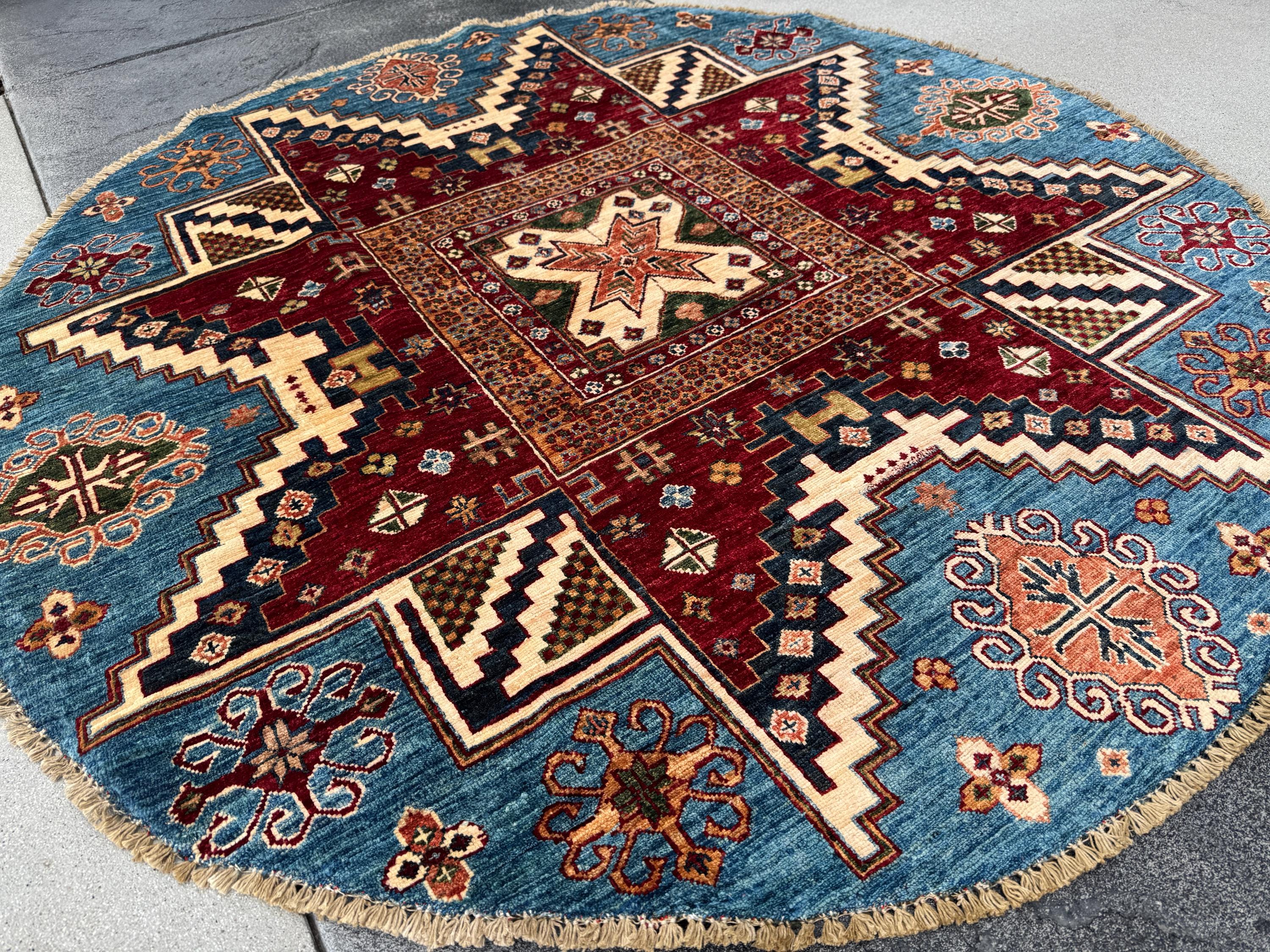 6x6 Round Handmade Round Afghan Wool Rug | Tribal Star Medallion | Red And Blue Area Rug