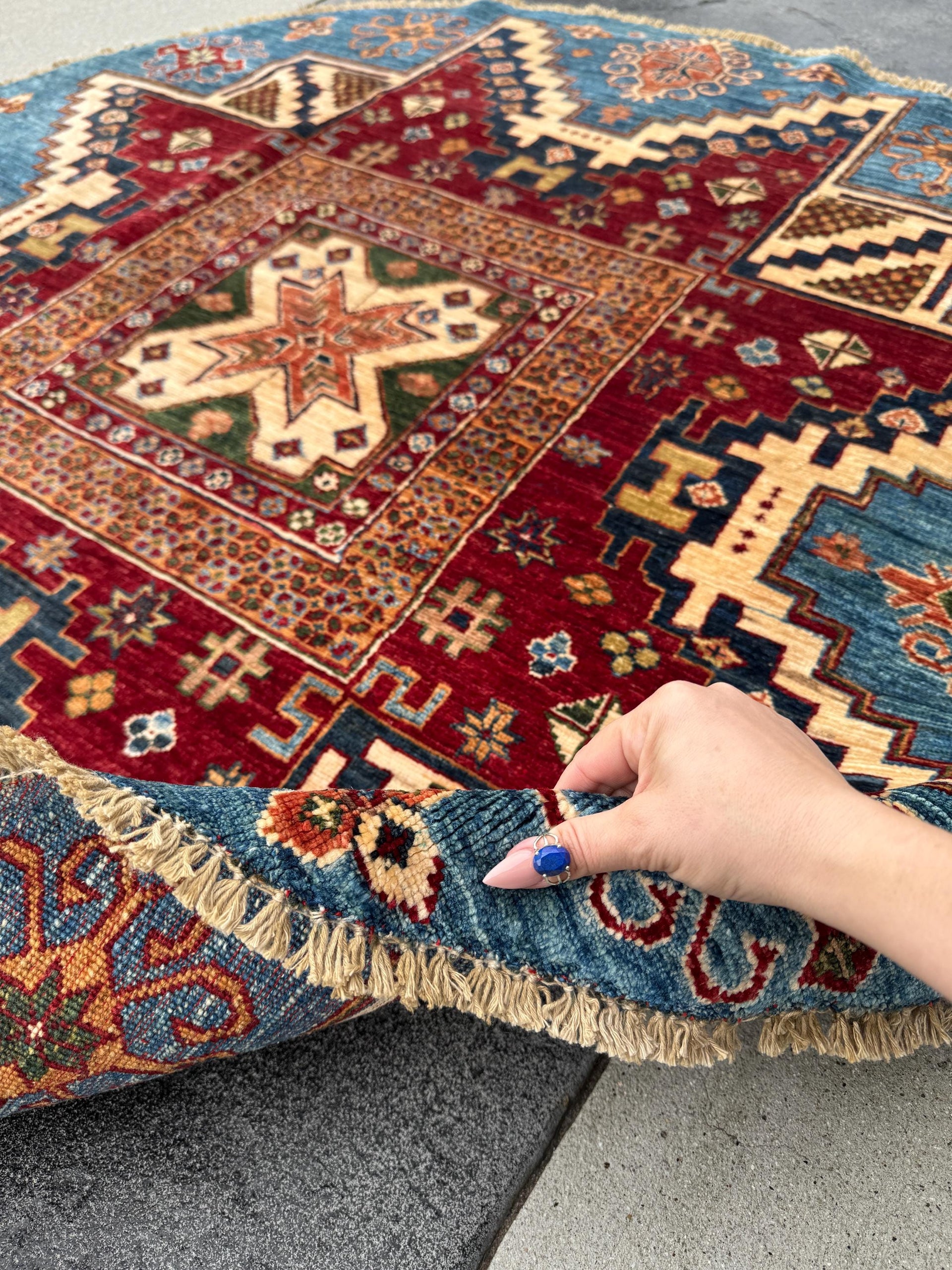 6x6 Round Handmade Round Afghan Wool Rug | Tribal Star Medallion | Red And Blue Area Rug