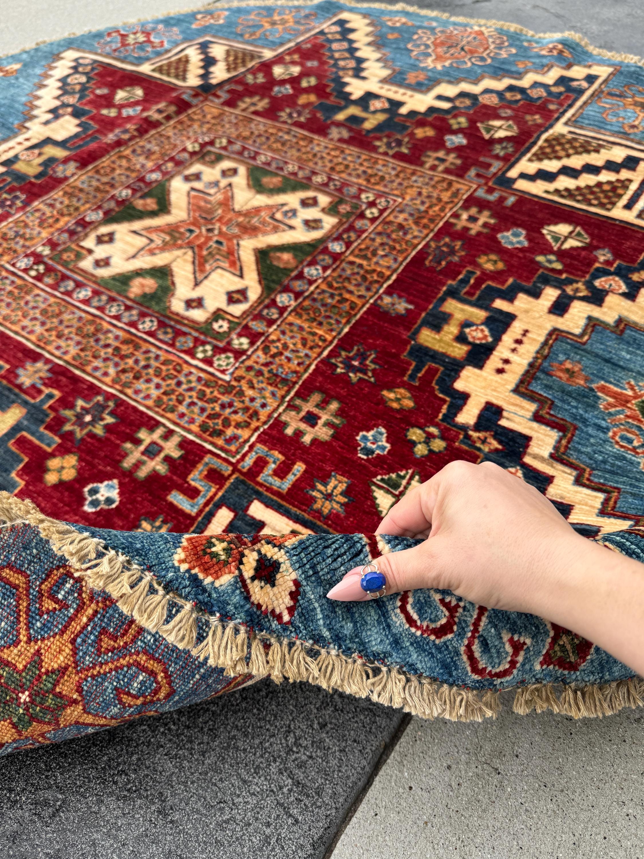 6x6 Round Handmade Round Afghan Wool Rug | Tribal Star Medallion | Red And Blue Area Rug