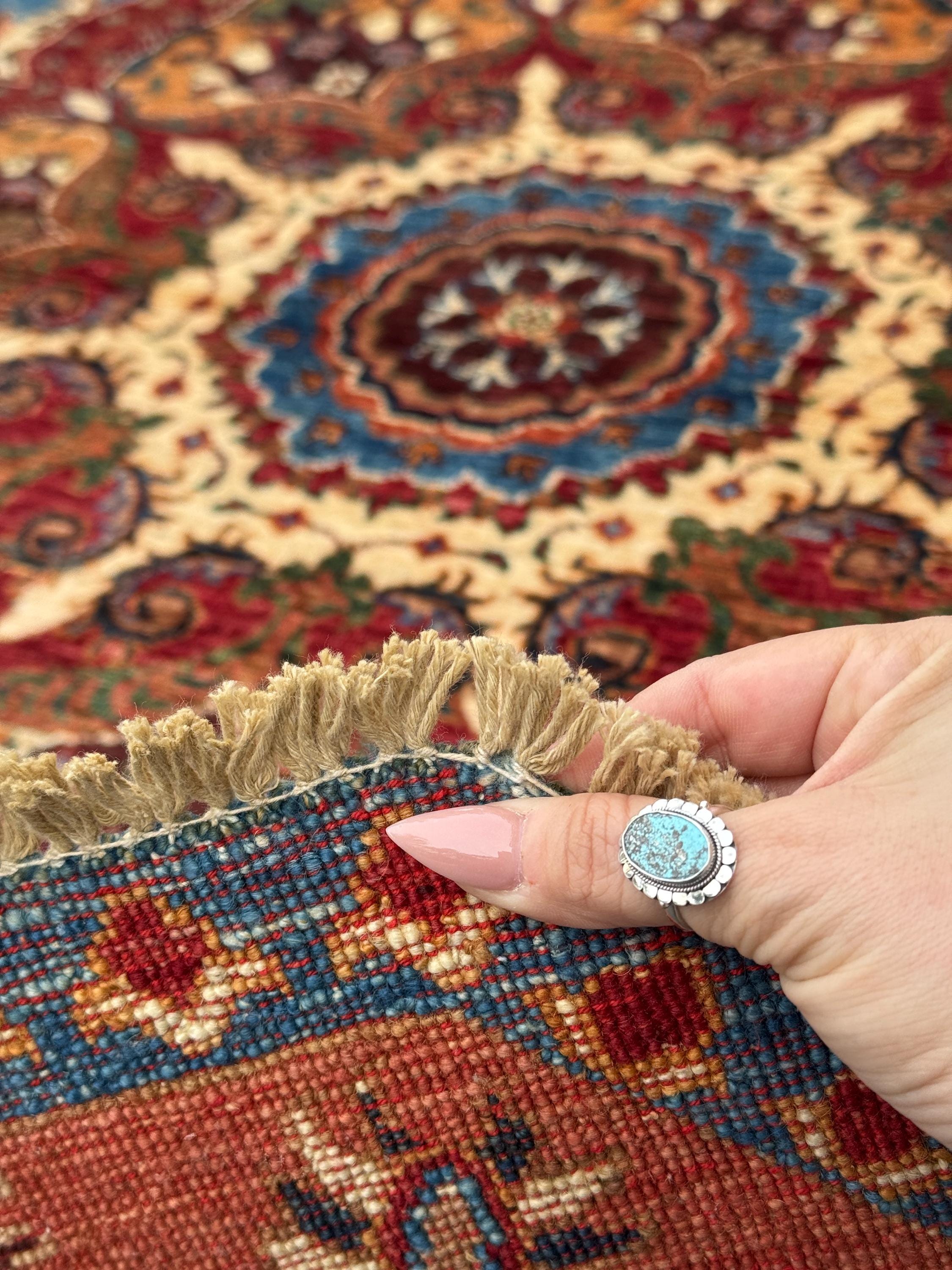 6x6 Round Handmade Afghan Wool Rug | Scalloped Floral Medallion | Red And Blue Tribal Rug