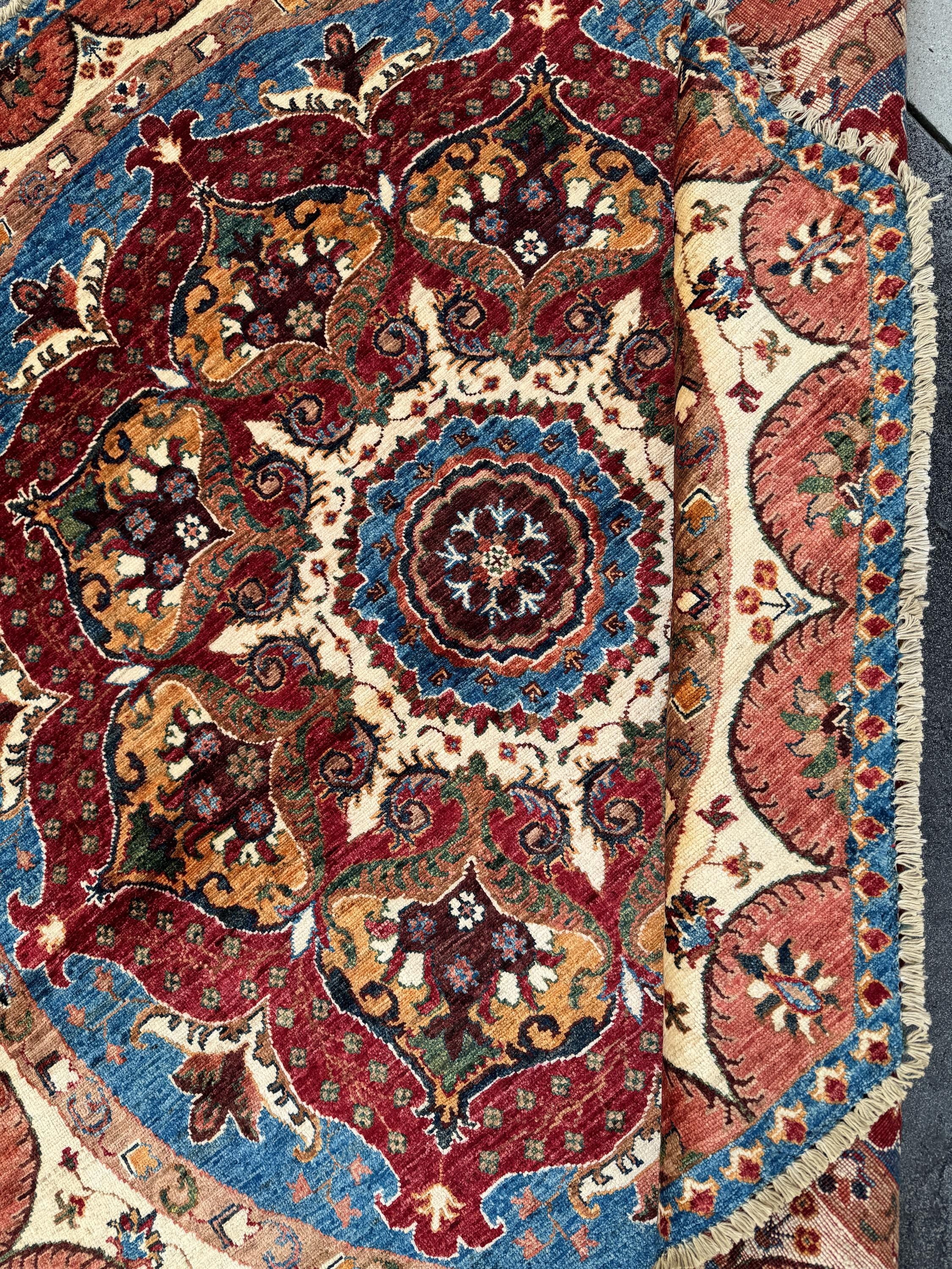 6x6 Round Handmade Afghan Wool Rug | Scalloped Floral Medallion | Red And Blue Tribal Rug