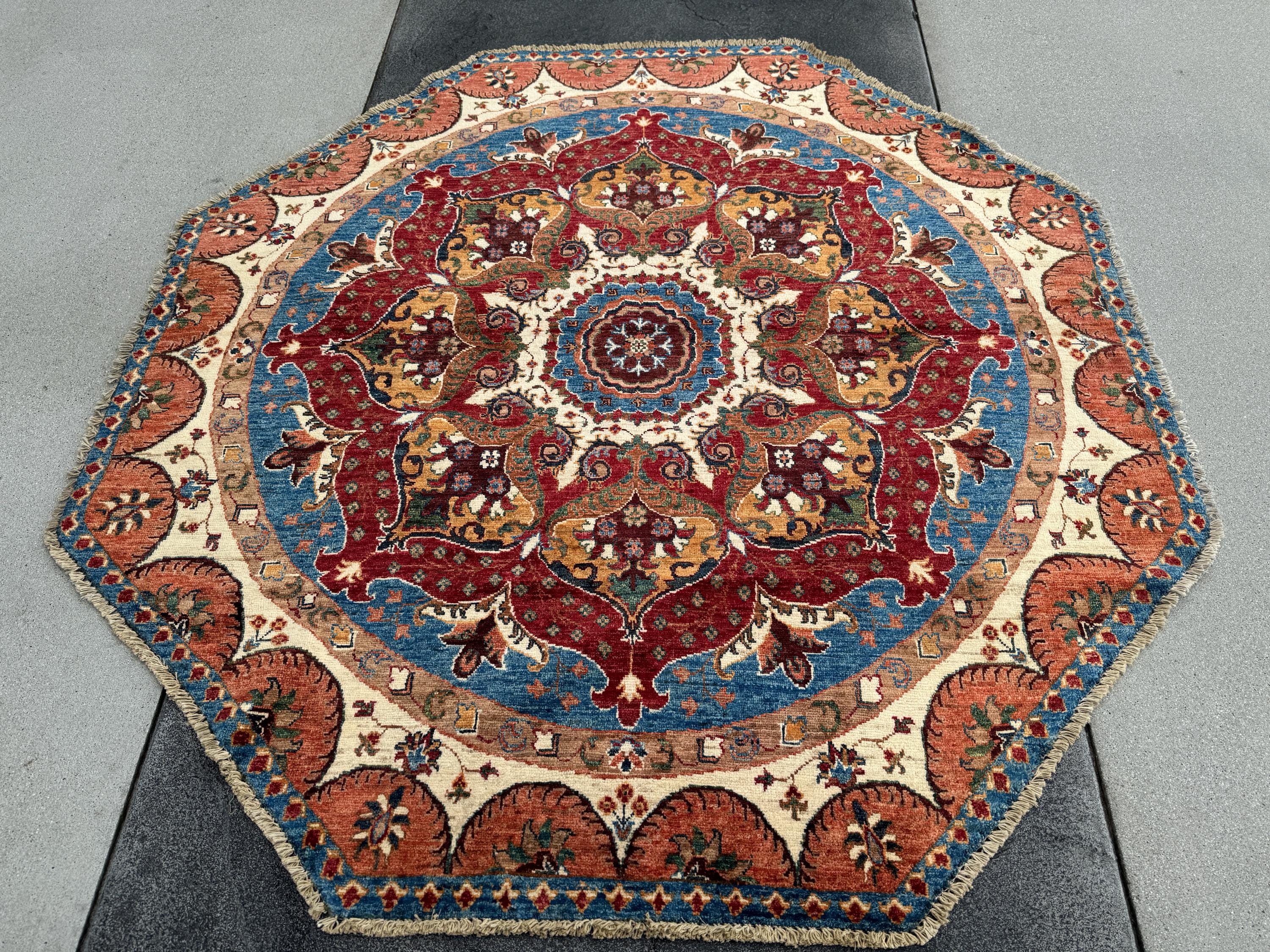 6x6 Round Handmade Afghan Wool Rug | Scalloped Floral Medallion | Red And Blue Tribal Rug