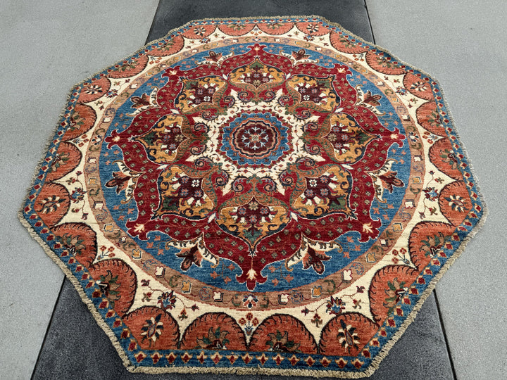 6x6 Round Handmade Afghan Wool Rug | Scalloped Floral Medallion | Red And Blue Tribal Rug