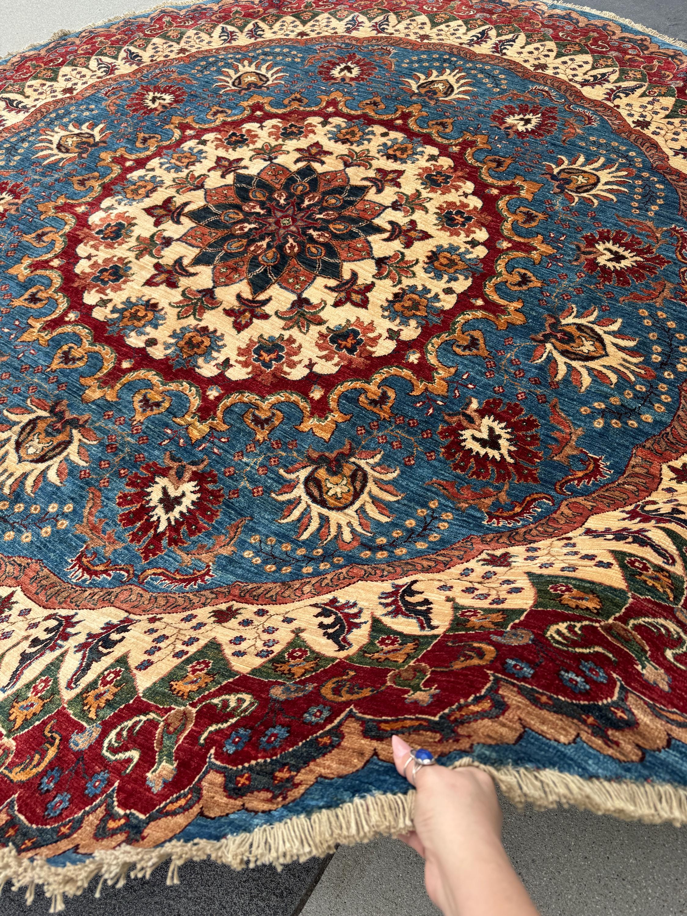 9x9 Round Handmade Afghan Wool Rug | Ornate Floral Medallion | Blue And Red Area Rug