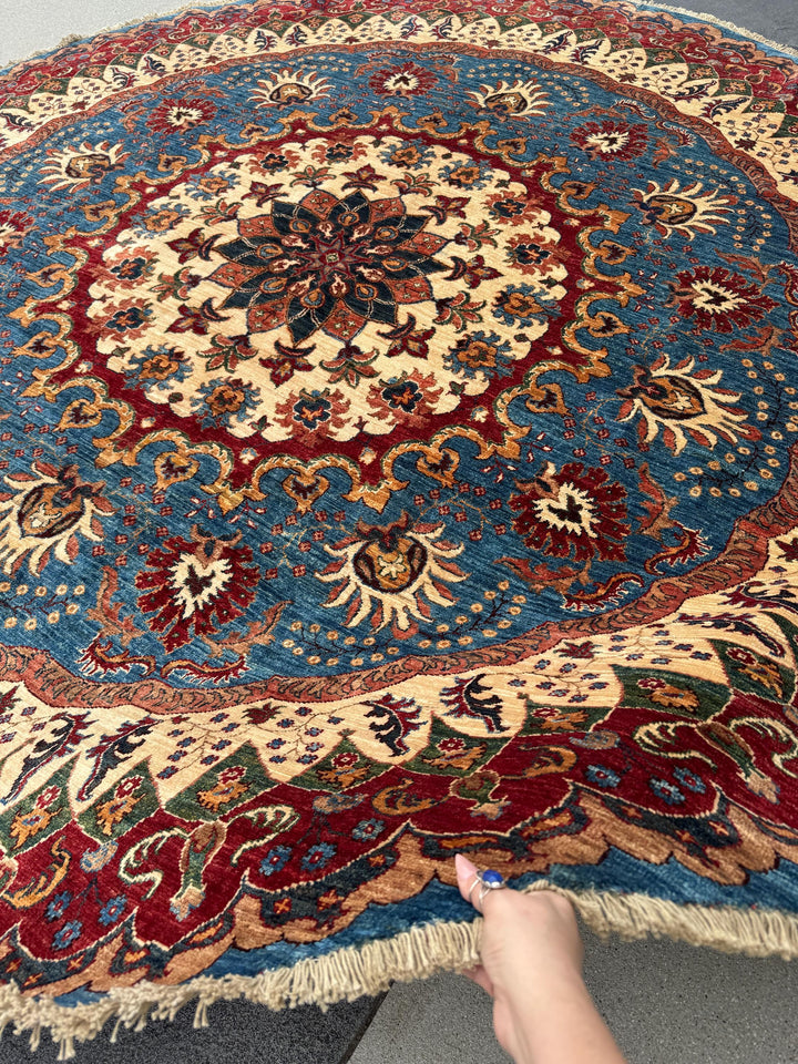 9x9 Round Handmade Afghan Wool Rug | Ornate Floral Medallion | Blue And Red Area Rug