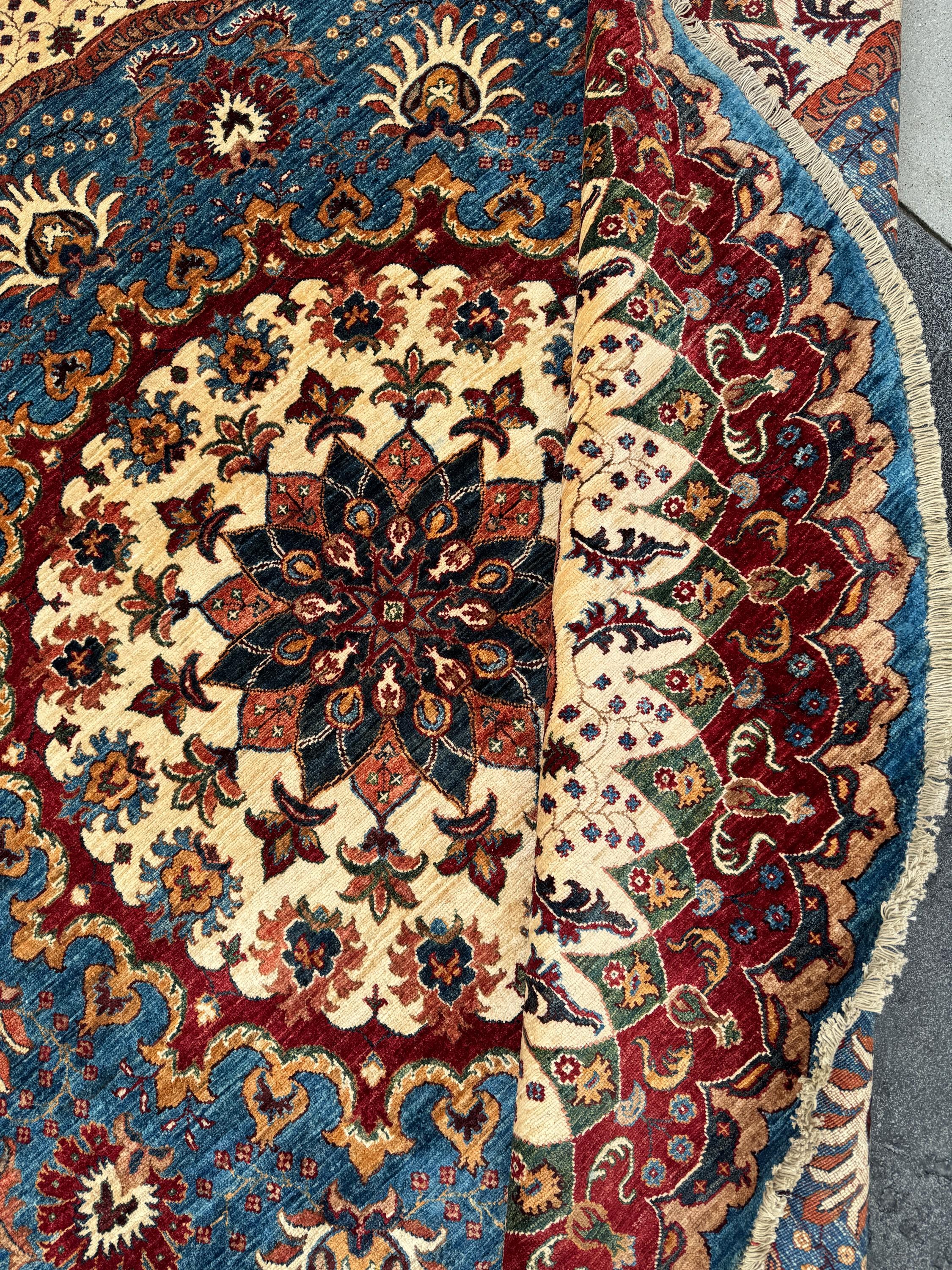 9x9 Round Handmade Afghan Wool Rug | Ornate Floral Medallion | Blue And Red Area Rug