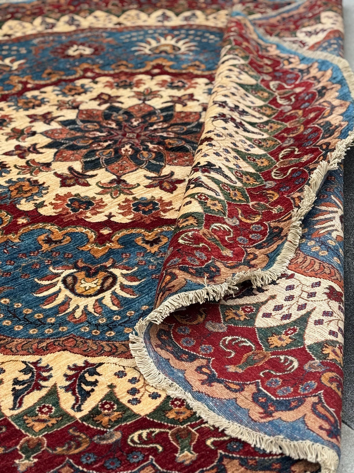 9x9 Round Handmade Afghan Wool Rug | Ornate Floral Medallion | Blue And Red Area Rug