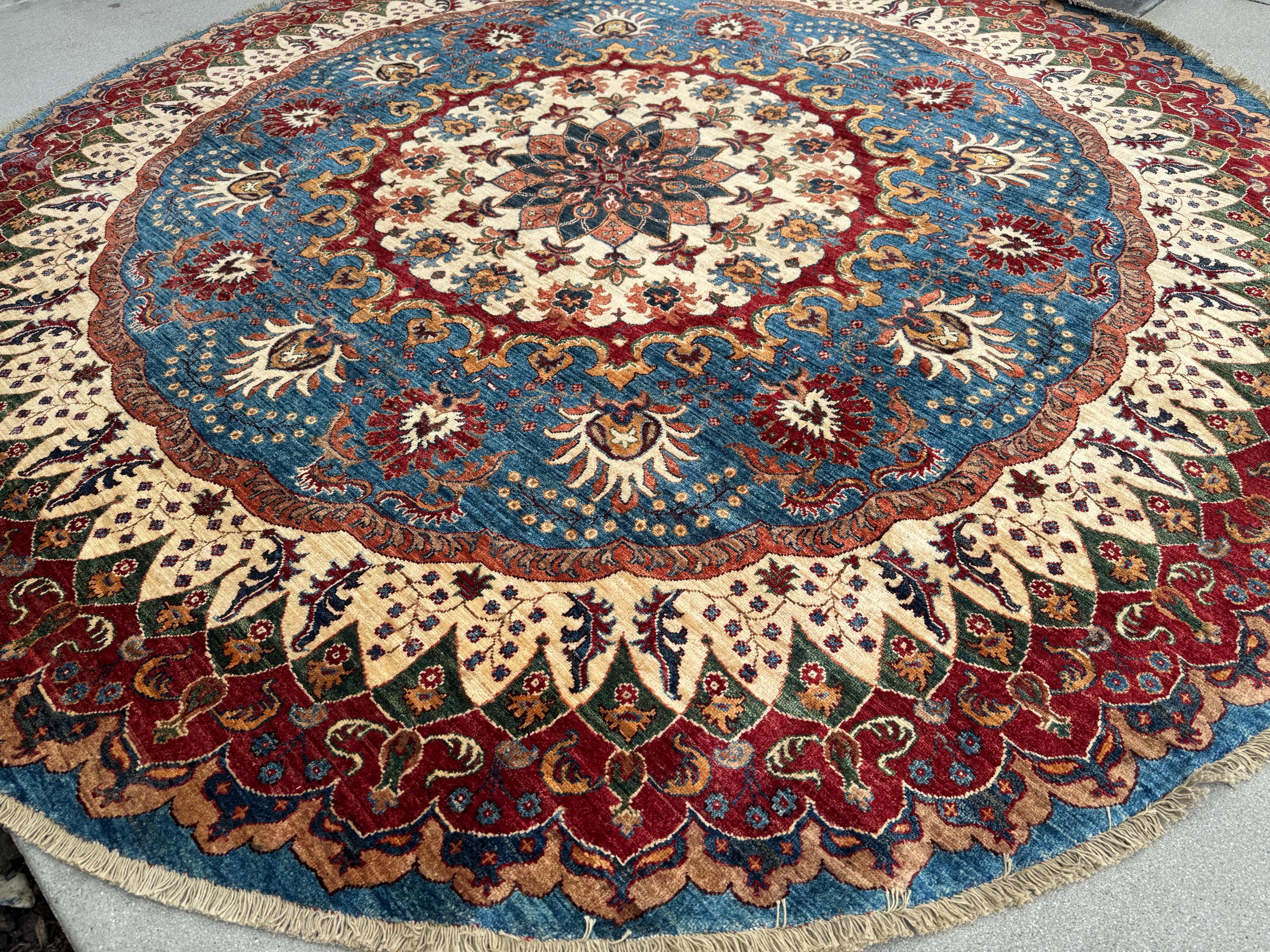 9x9 Round Handmade Afghan Wool Rug | Ornate Floral Medallion | Blue And Red Area Rug