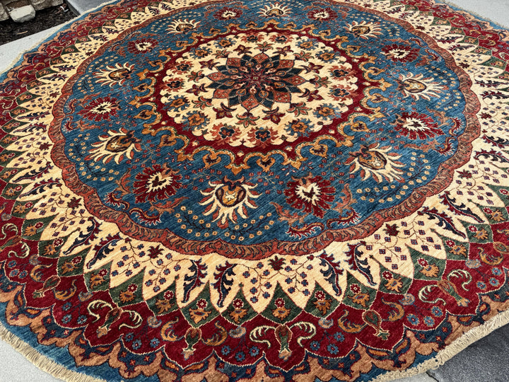 9x9 Round Handmade Afghan Wool Rug | Ornate Floral Medallion | Blue And Red Area Rug