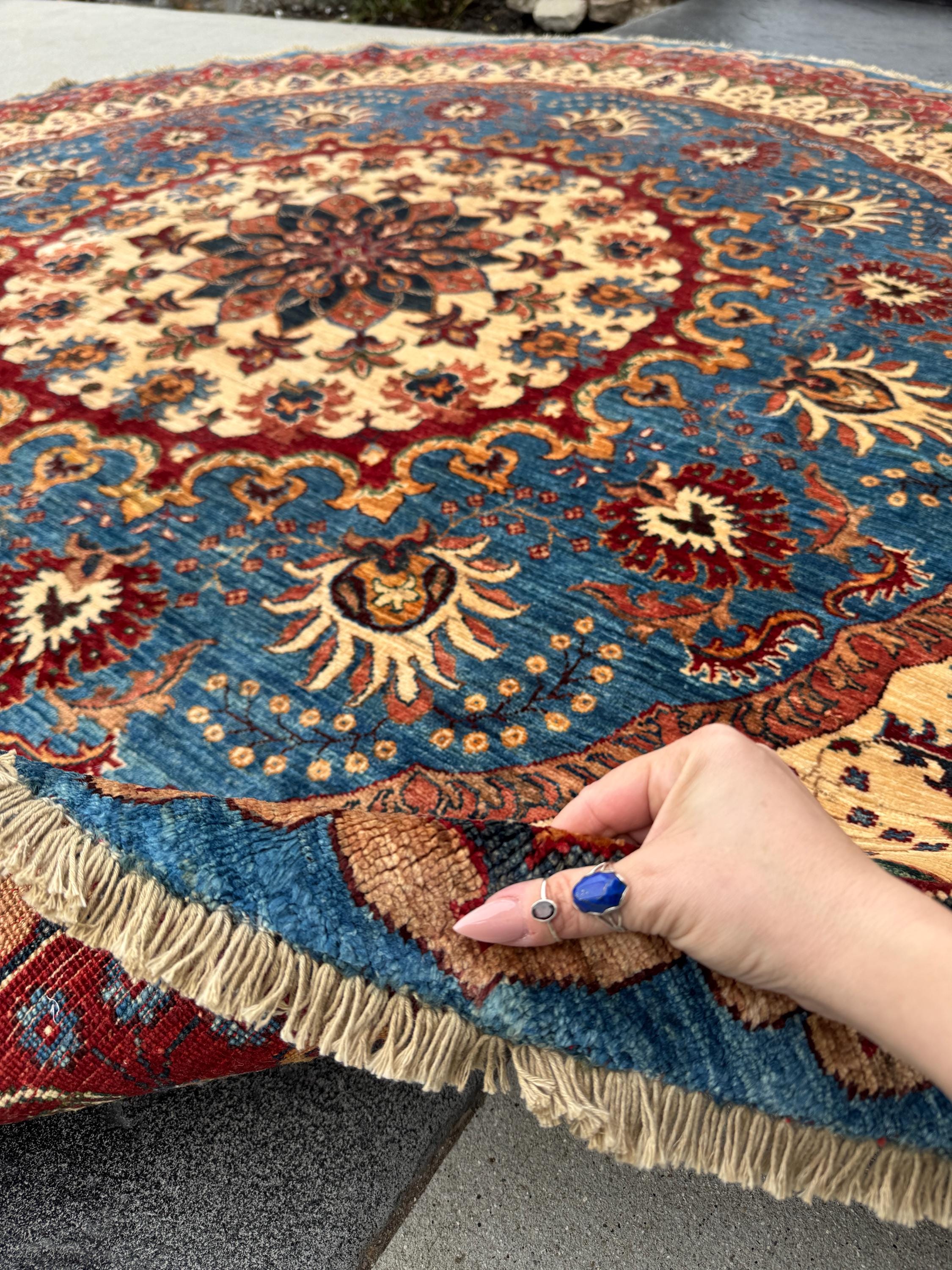 9x9 Round Handmade Afghan Wool Rug | Ornate Floral Medallion | Blue And Red Area Rug