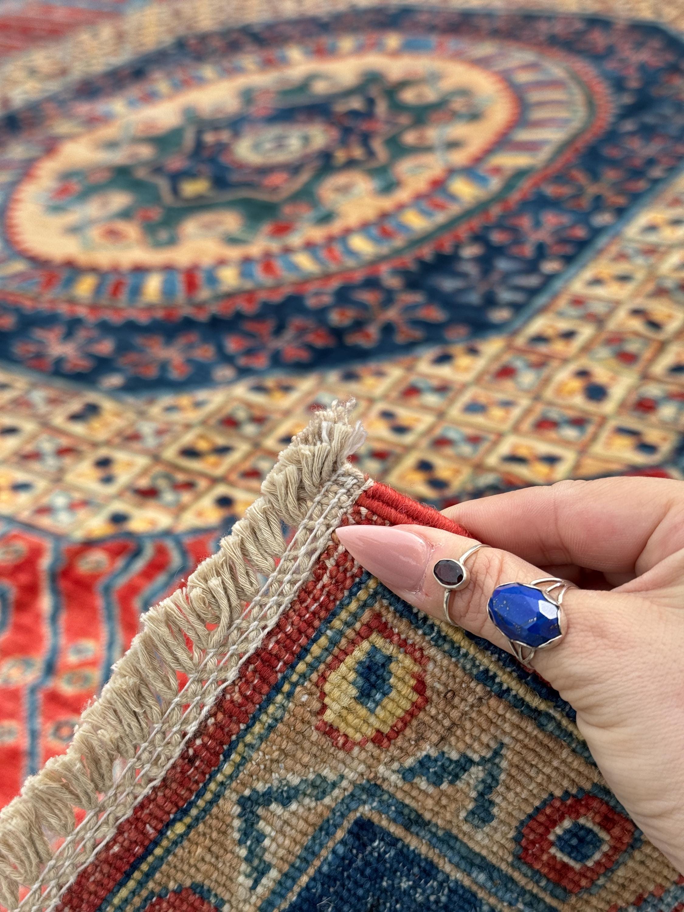 9x12 Handmade Afghan Wool Rug | Bold Tribal Medallion | Red And Blue Area Rug