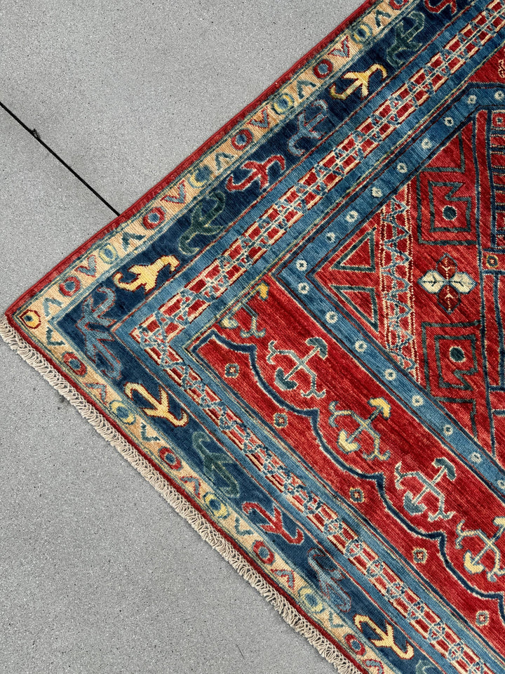 9x12 Handmade Afghan Wool Rug | Bold Tribal Medallion | Red And Blue Area Rug