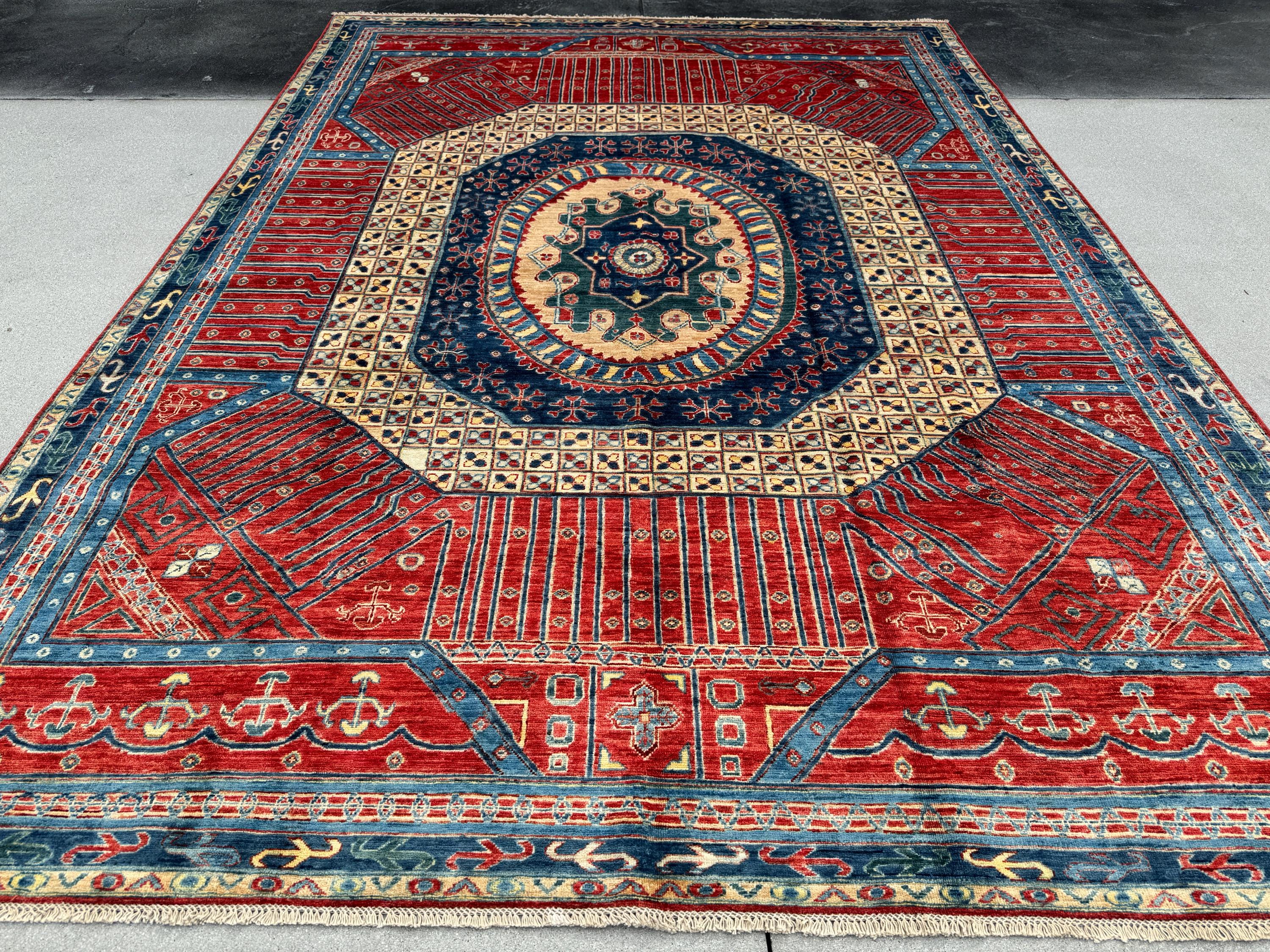9x12 Handmade Afghan Wool Rug | Bold Tribal Medallion | Red And Blue Area Rug