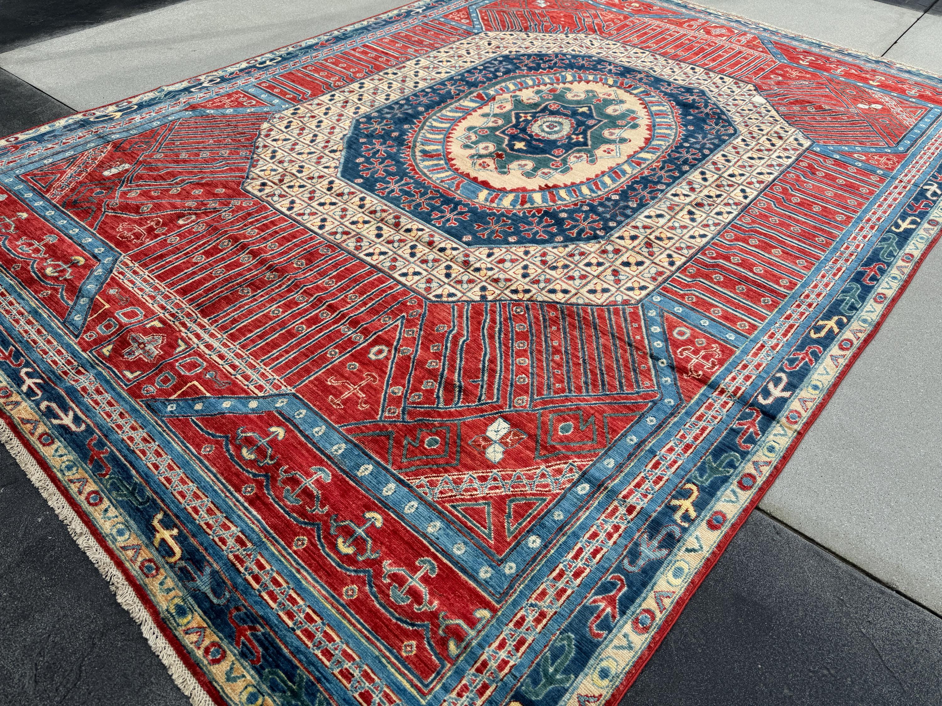 9x12 Handmade Afghan Wool Rug | Bold Tribal Medallion | Red And Blue Area Rug