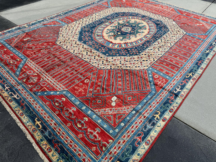 9x12 Handmade Afghan Wool Rug | Bold Tribal Medallion | Red And Blue Area Rug
