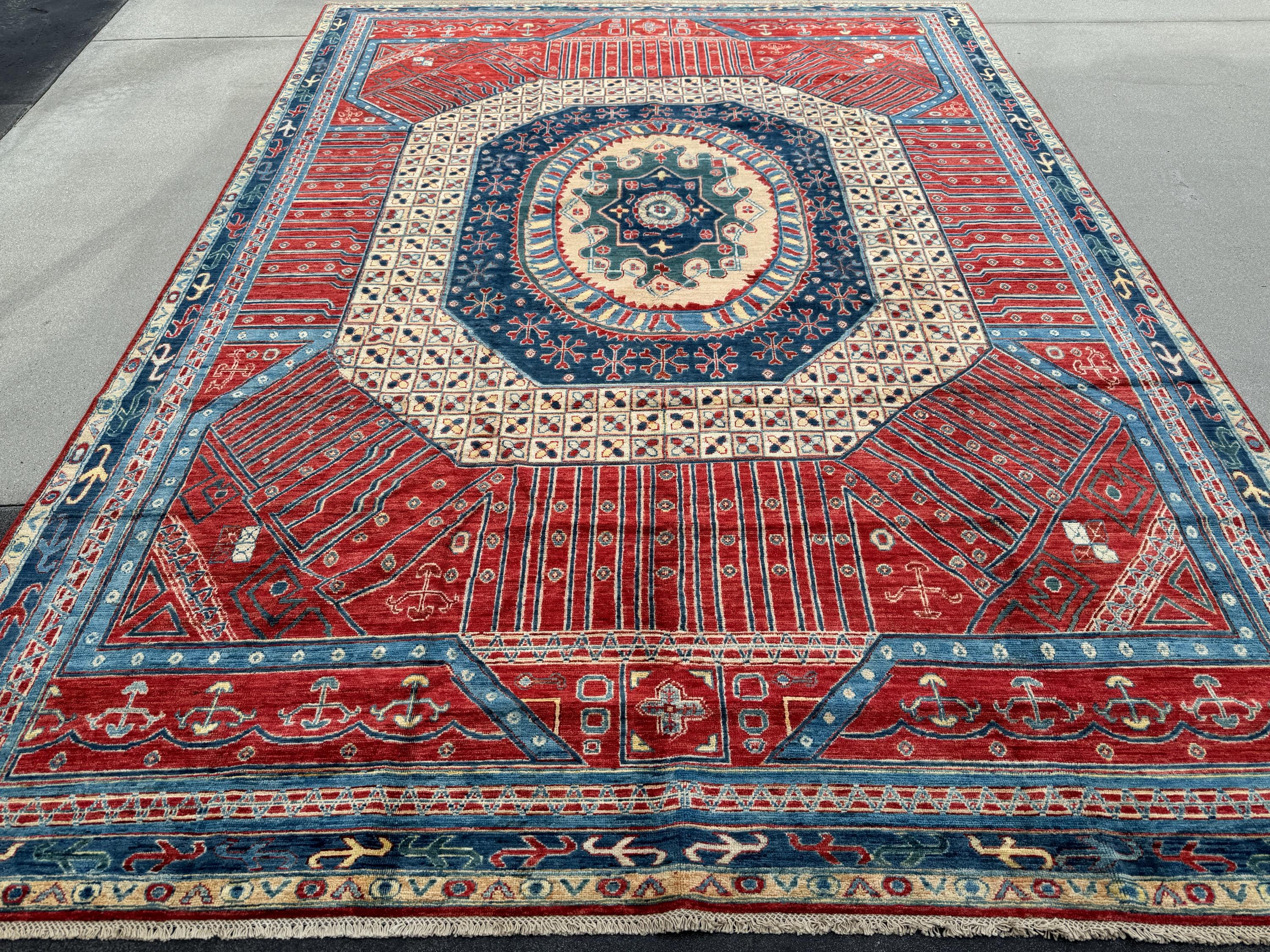 9x12 Handmade Afghan Wool Rug | Bold Tribal Medallion | Red And Blue Area Rug