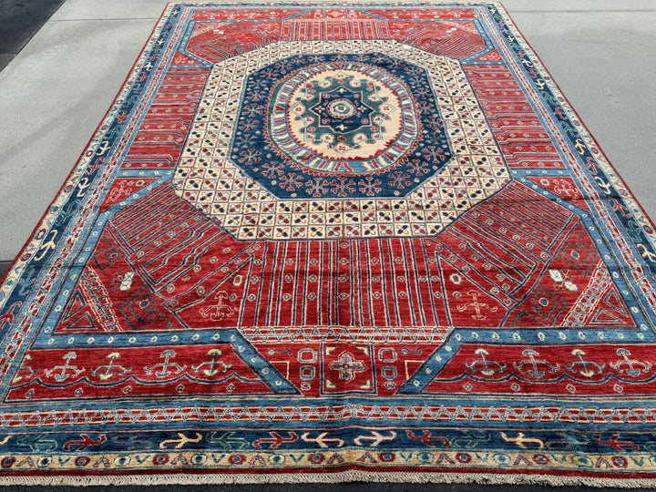 9x12 Handmade Afghan Wool Rug | Bold Tribal Medallion | Red And Blue Area Rug