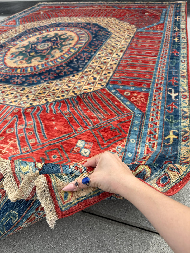 9x12 Handmade Afghan Wool Rug | Bold Tribal Medallion | Red And Blue Area Rug