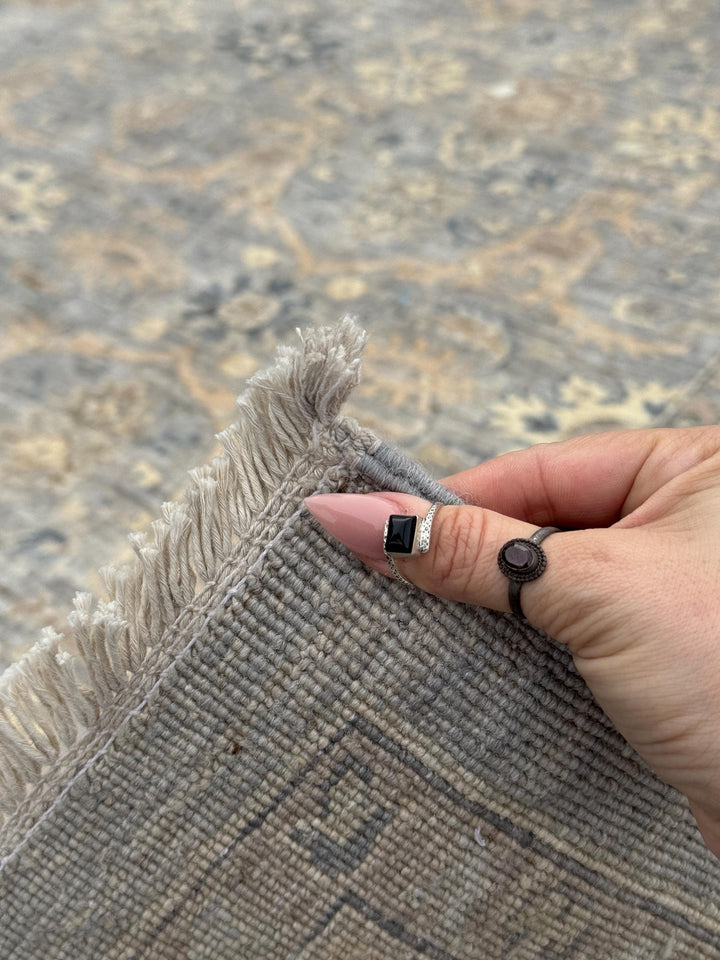 12x15 Handmade Afghan Wool Rug | Subtle Floral Pattern | Neutral Gray And Blue Large Oversized Area Rug