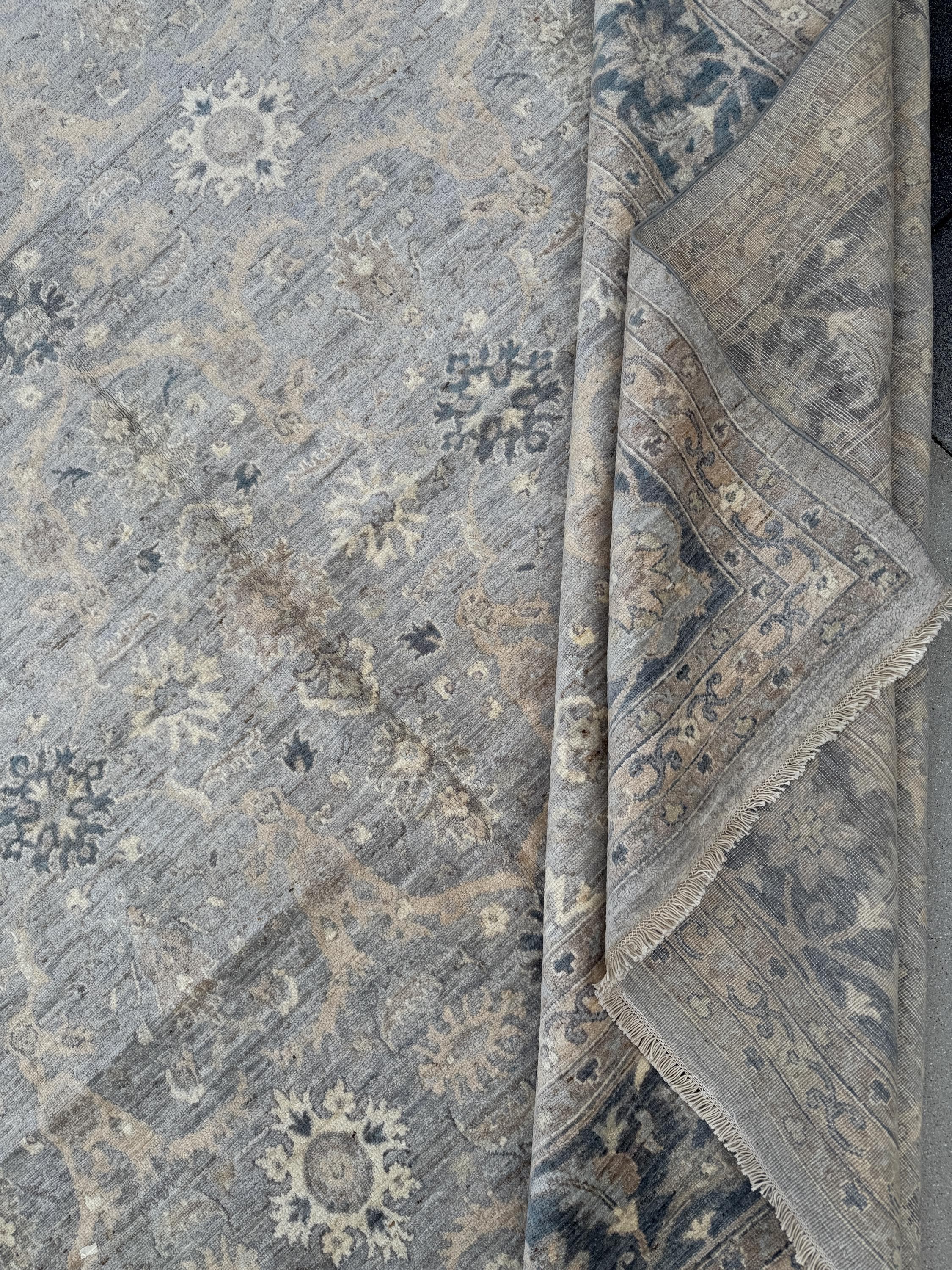 12x15 Handmade Afghan Wool Rug | Subtle Floral Pattern | Neutral Gray And Blue Large Oversized Area Rug