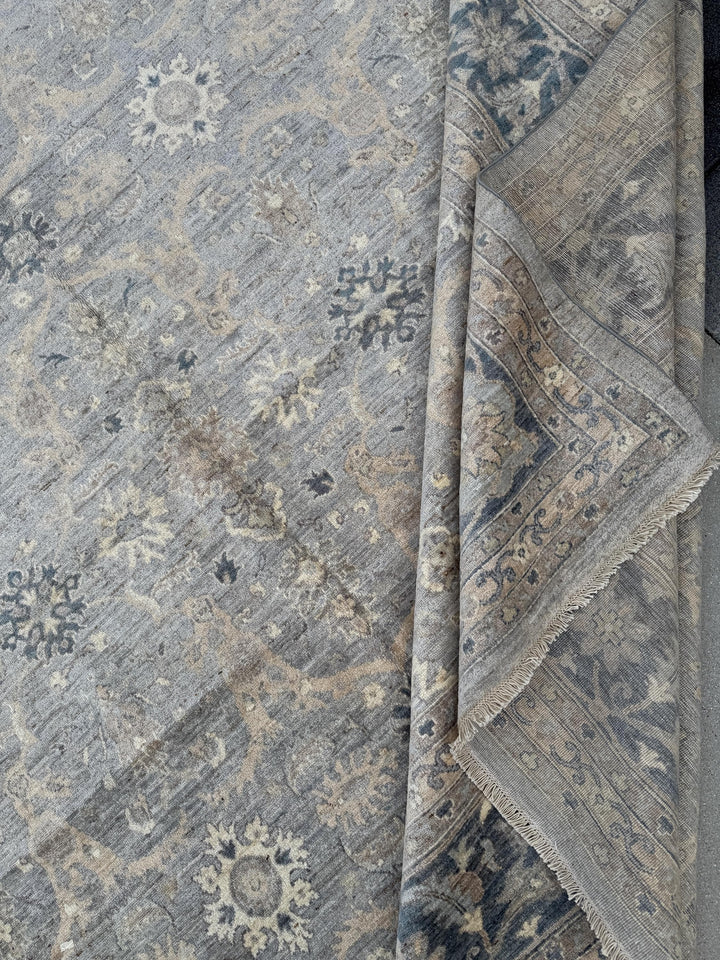 12x15 Handmade Afghan Wool Rug | Subtle Floral Pattern | Neutral Gray And Blue Large Oversized Area Rug