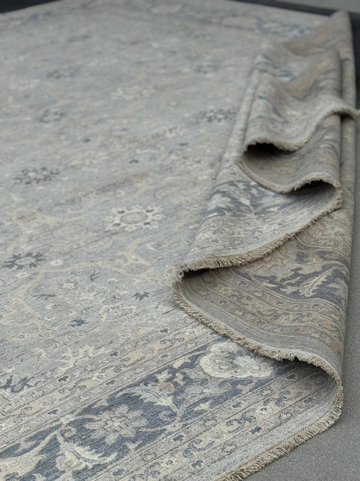 12x15 Handmade Afghan Wool Rug | Subtle Floral Pattern | Neutral Gray And Blue Large Oversized Area Rug