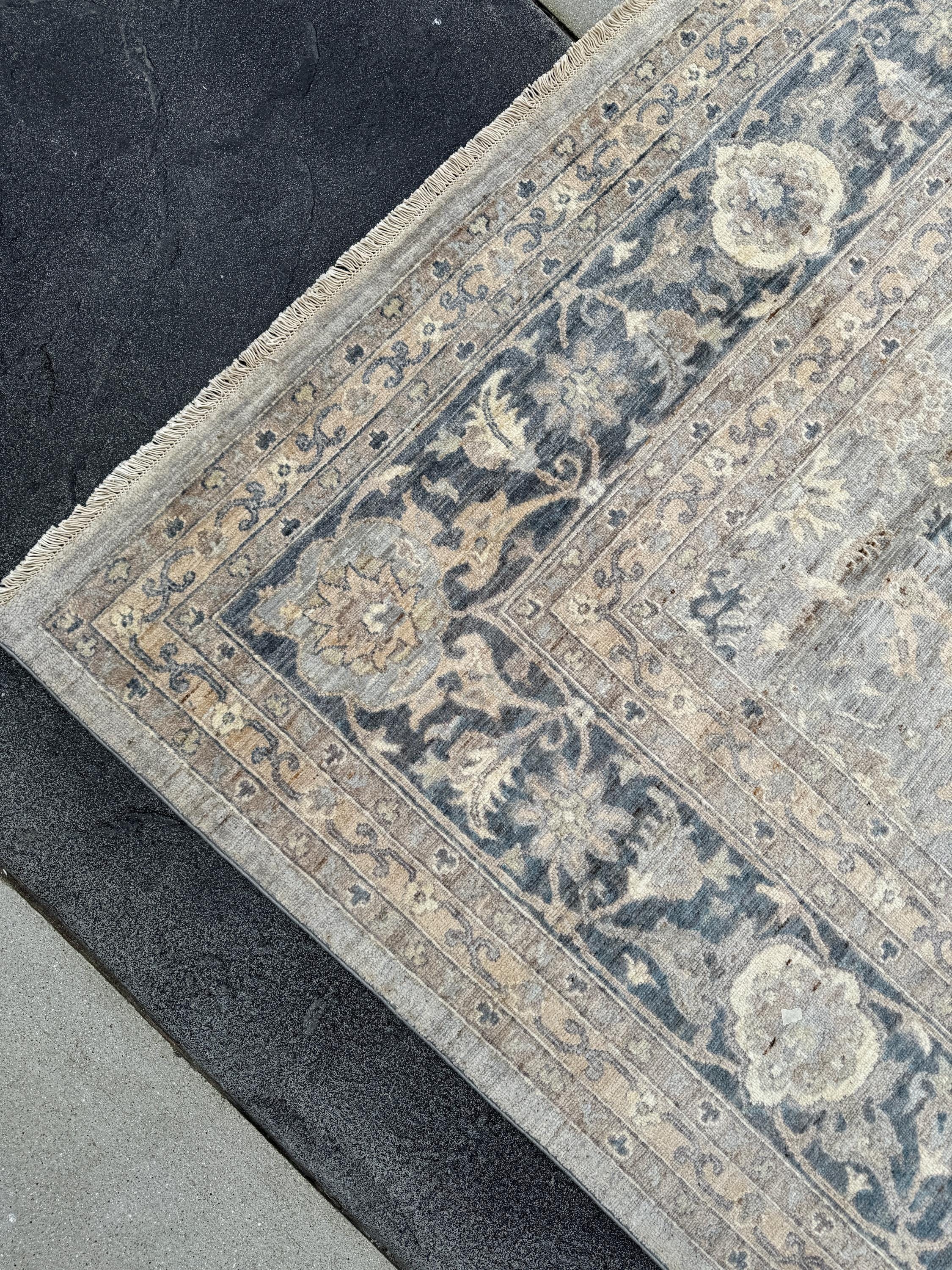 12x15 Handmade Afghan Wool Rug | Subtle Floral Pattern | Neutral Gray And Blue Large Oversized Area Rug