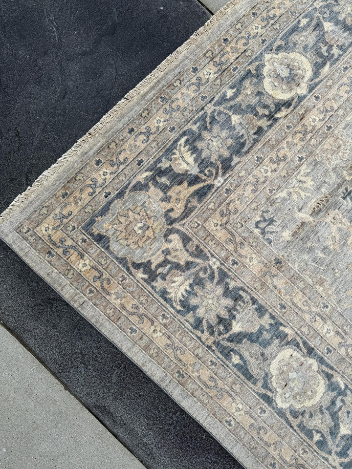 12x15 Handmade Afghan Wool Rug | Subtle Floral Pattern | Neutral Gray And Blue Large Oversized Area Rug