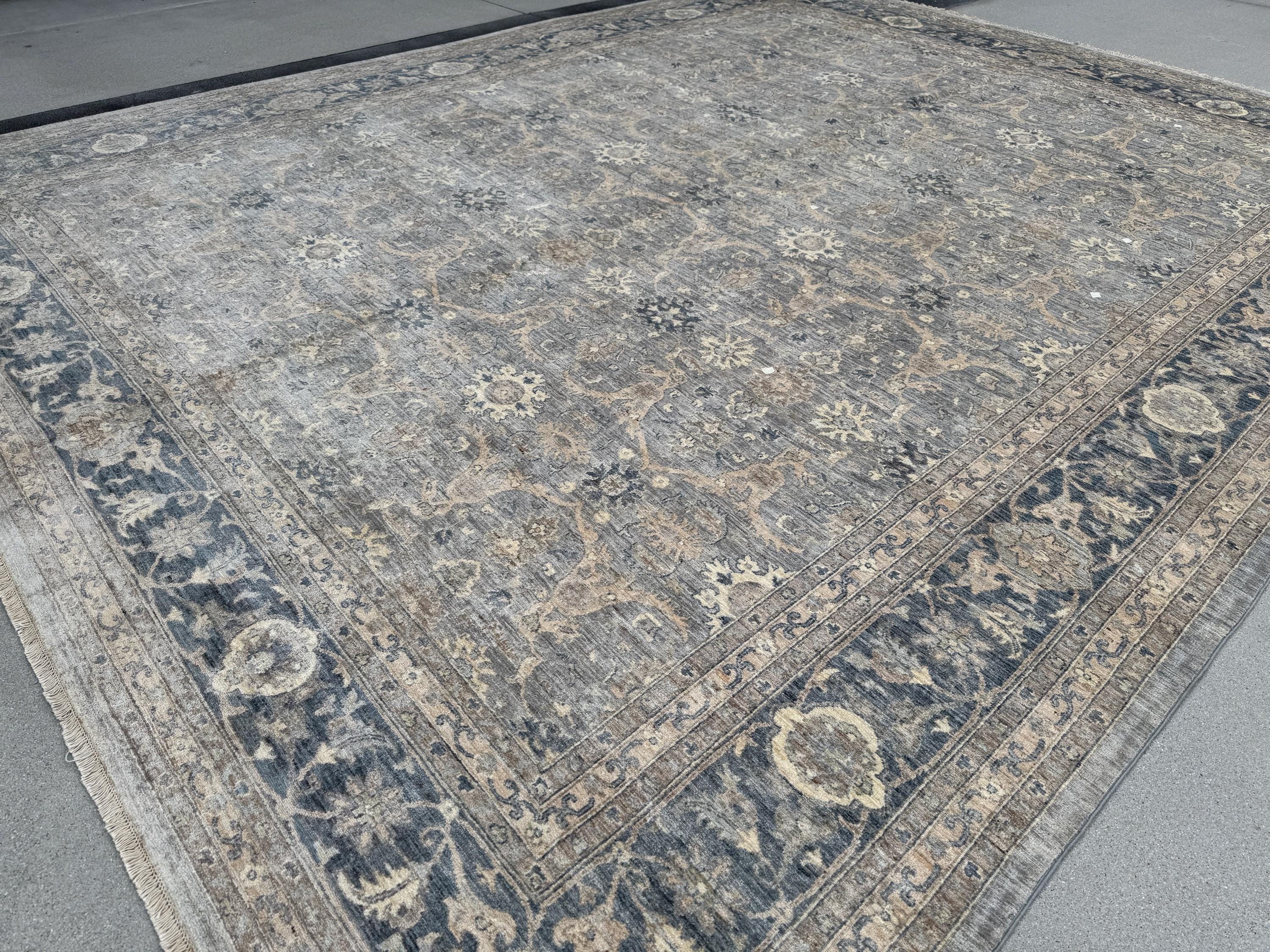 12x15 Handmade Afghan Wool Rug | Subtle Floral Pattern | Neutral Gray And Blue Large Oversized Area Rug