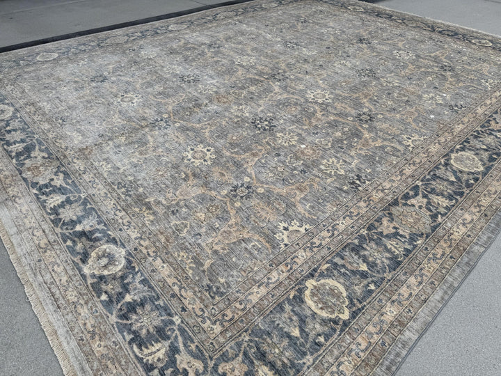 12x15 Handmade Afghan Wool Rug | Subtle Floral Pattern | Neutral Gray And Blue Large Oversized Area Rug