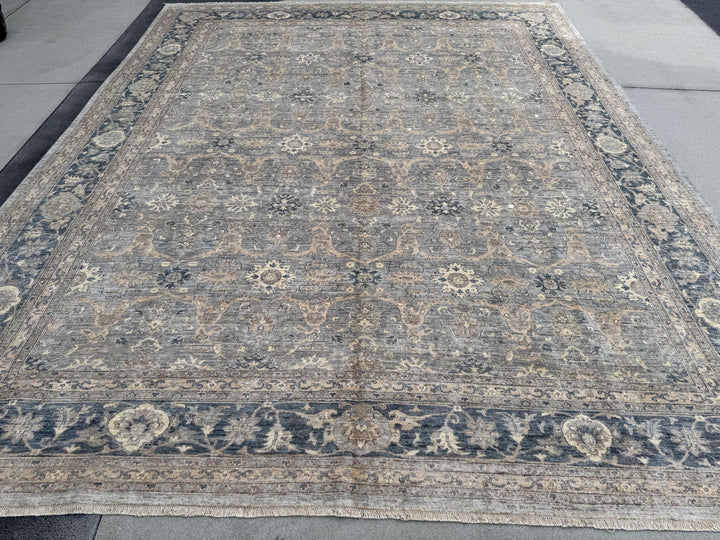 12x15 Handmade Afghan Wool Rug | Subtle Floral Pattern | Neutral Gray And Blue Large Oversized Area Rug