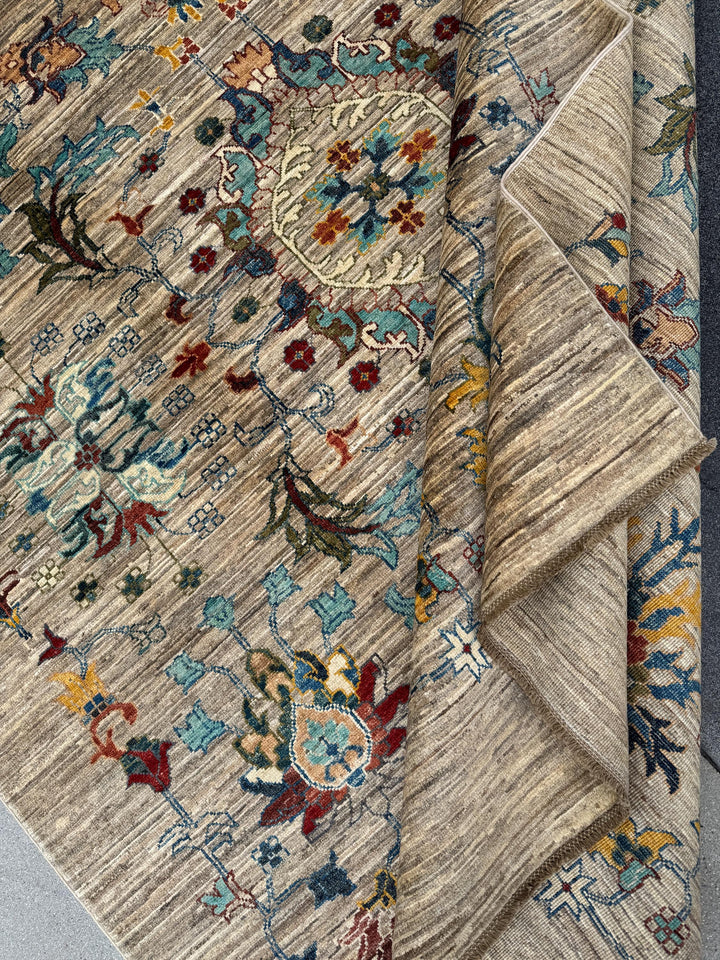 6x8 Handmade Afghan Wool Rug | Floral Vine Design | Neutral Beige And Teal Area Rug