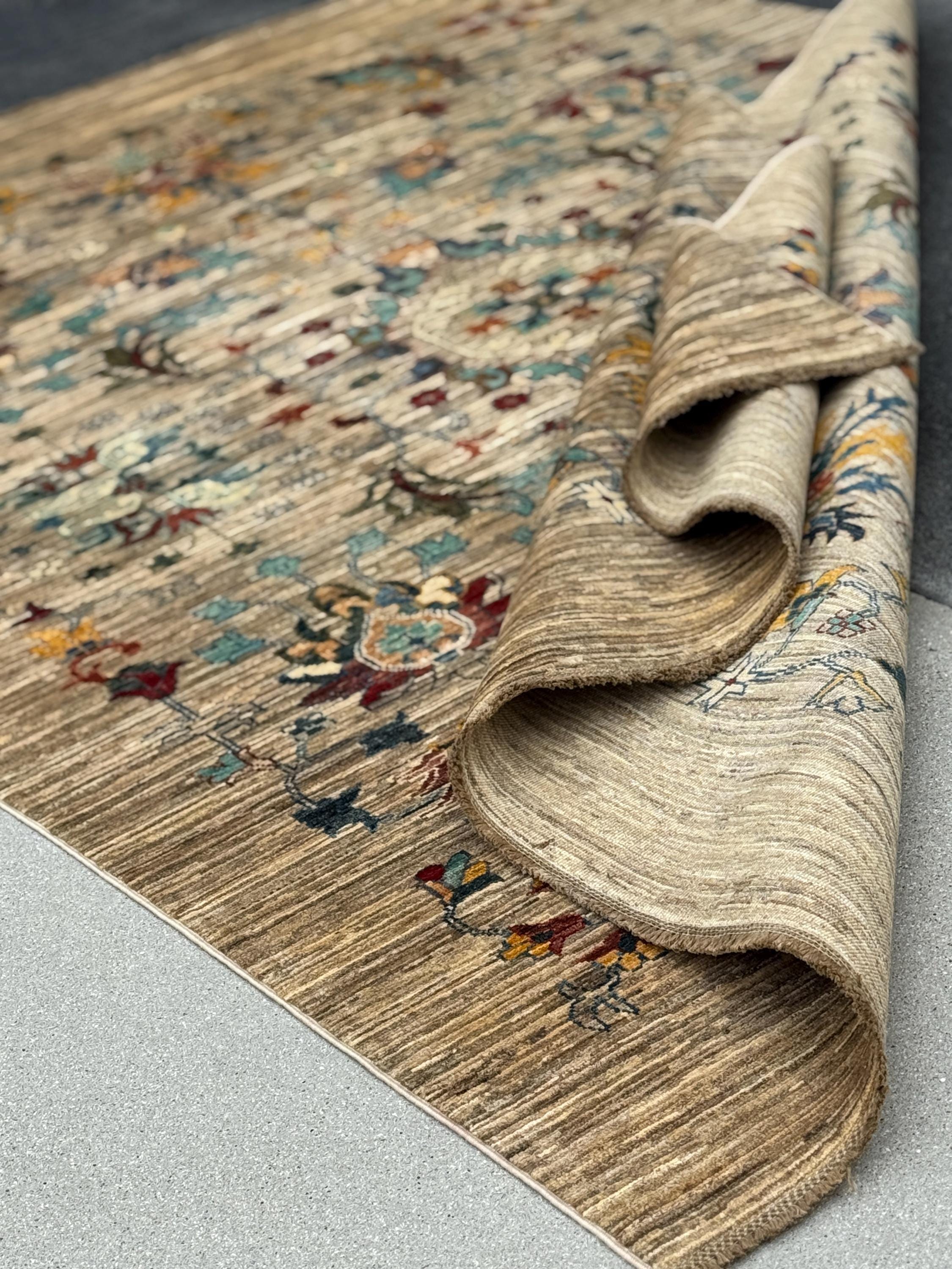 6x8 Handmade Afghan Wool Rug | Floral Vine Design | Neutral Beige And Teal Area Rug