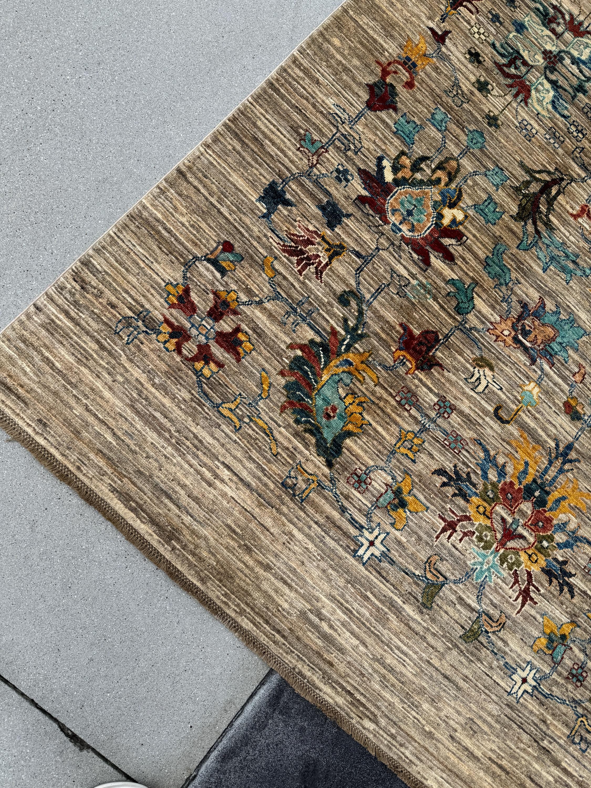6x8 Handmade Afghan Wool Rug | Floral Vine Design | Neutral Beige And Teal Area Rug