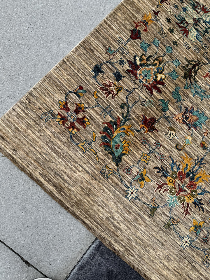 6x8 Handmade Afghan Wool Rug | Floral Vine Design | Neutral Beige And Teal Area Rug