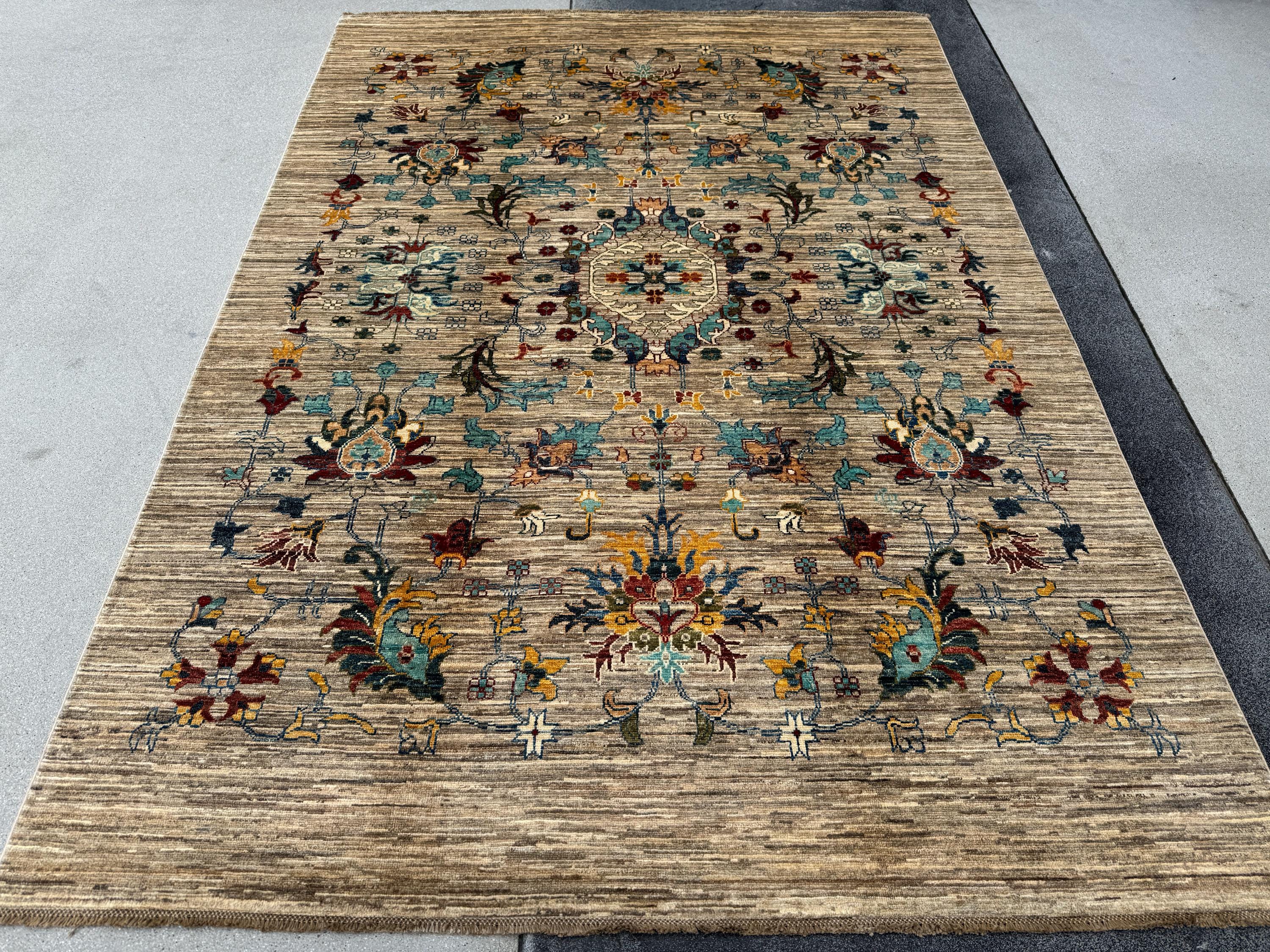 6x8 Handmade Afghan Wool Rug | Floral Vine Design | Neutral Beige And Teal Area Rug