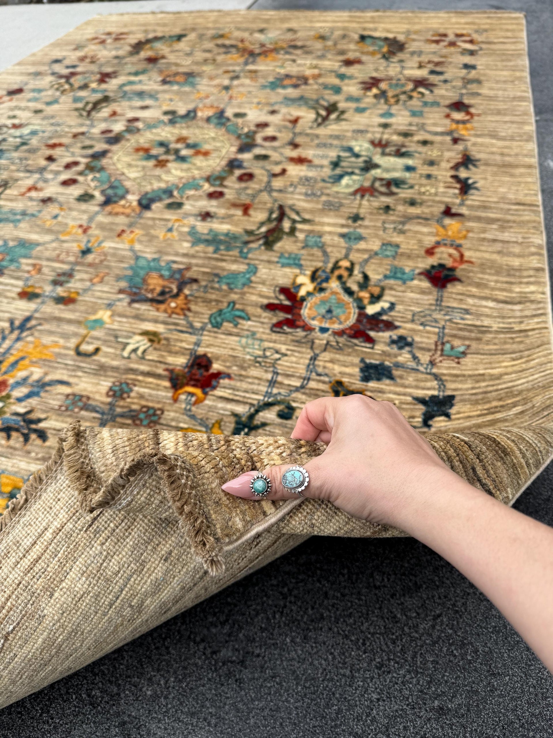 6x8 Handmade Afghan Wool Rug | Floral Vine Design | Neutral Beige And Teal Area Rug