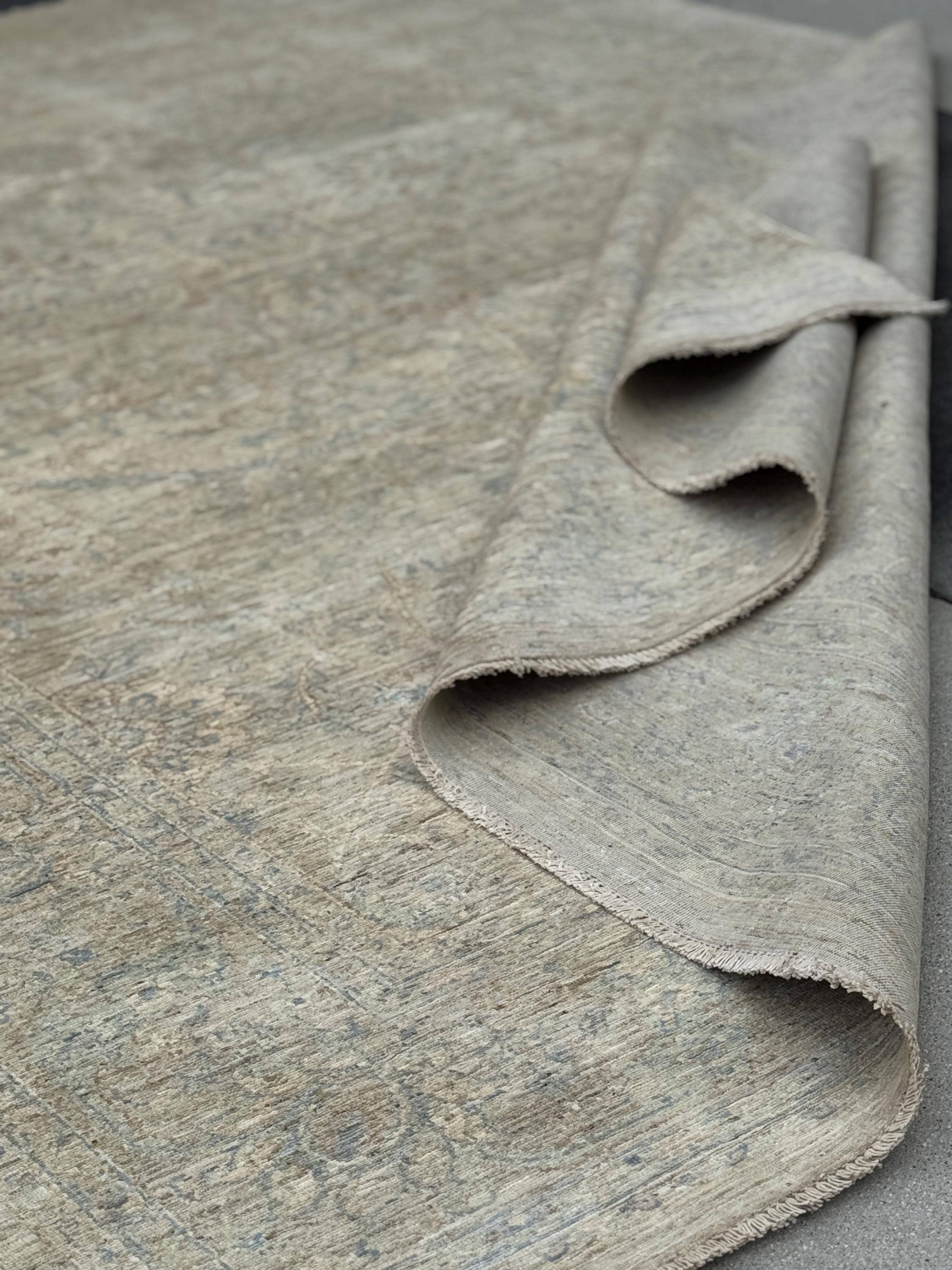 9x12 Handmade Afghan Wool Rug | Soft Neutral Muted Floral Design | Beige And Blue Area Rug