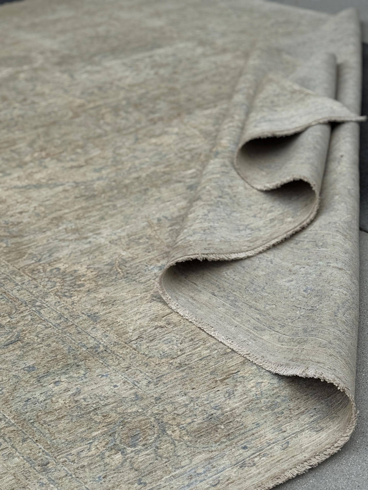 9x12 Handmade Afghan Wool Rug | Soft Neutral Muted Floral Design | Beige And Blue Area Rug