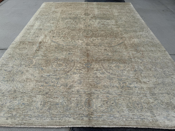 9x12 Handmade Afghan Wool Rug | Soft Neutral Muted Floral Design | Beige And Blue Area Rug