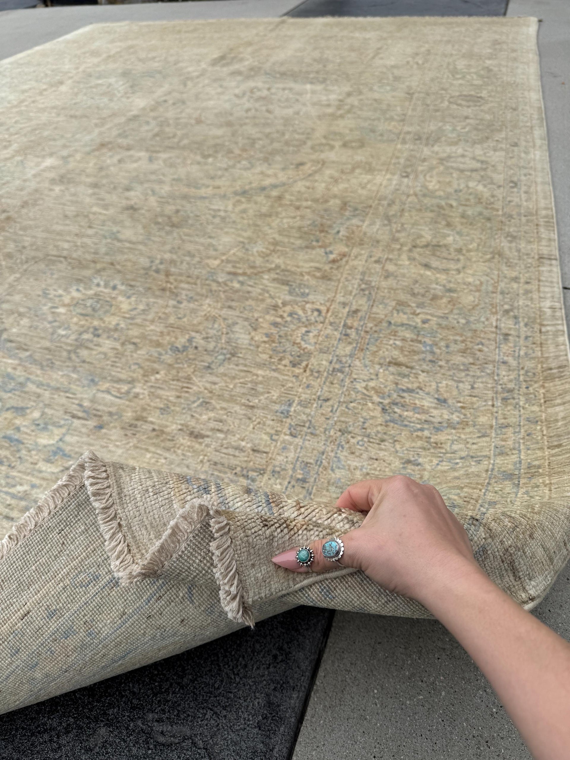 9x12 Handmade Afghan Wool Rug | Soft Neutral Muted Floral Design | Beige And Blue Area Rug