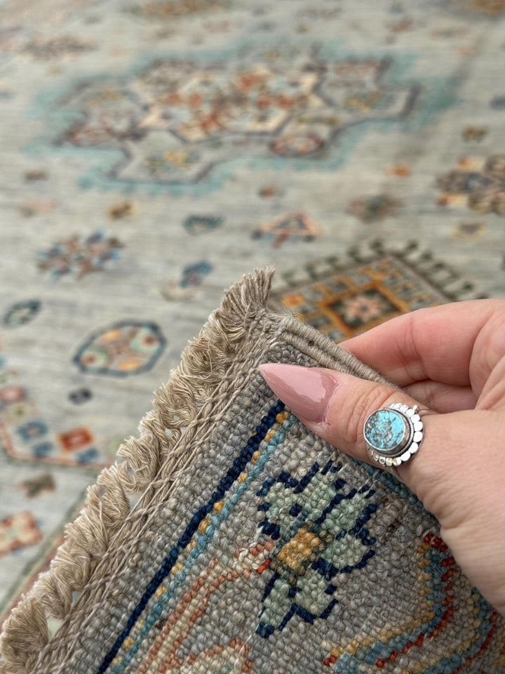 6x10 Handmade Afghan Wool Rug | Soft Gray Tribal Medallion | Vintage Style Kazak Area Rug