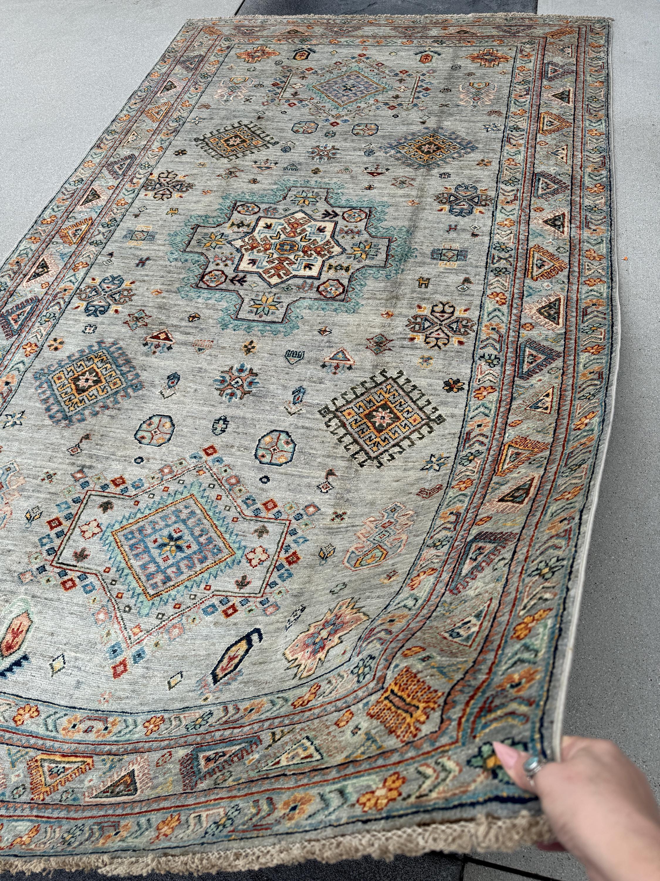 6x10 Handmade Afghan Wool Rug | Soft Gray Tribal Medallion | Vintage Style Kazak Area Rug